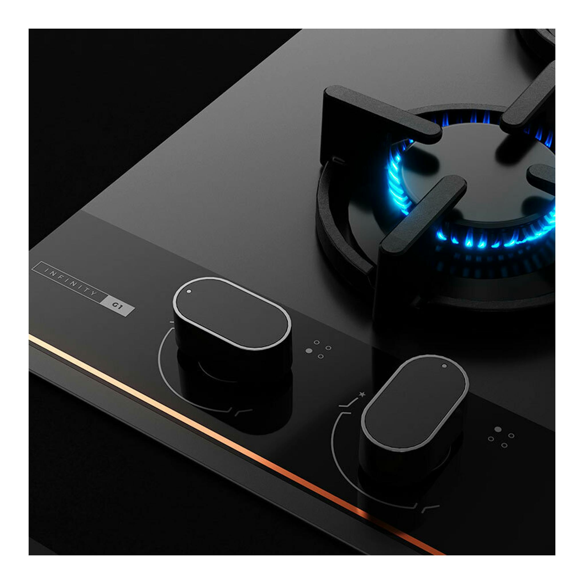 Placa de gas Teka Infinity G1 negra, vista oblicua, con mandos frontales y un quemador encendido.