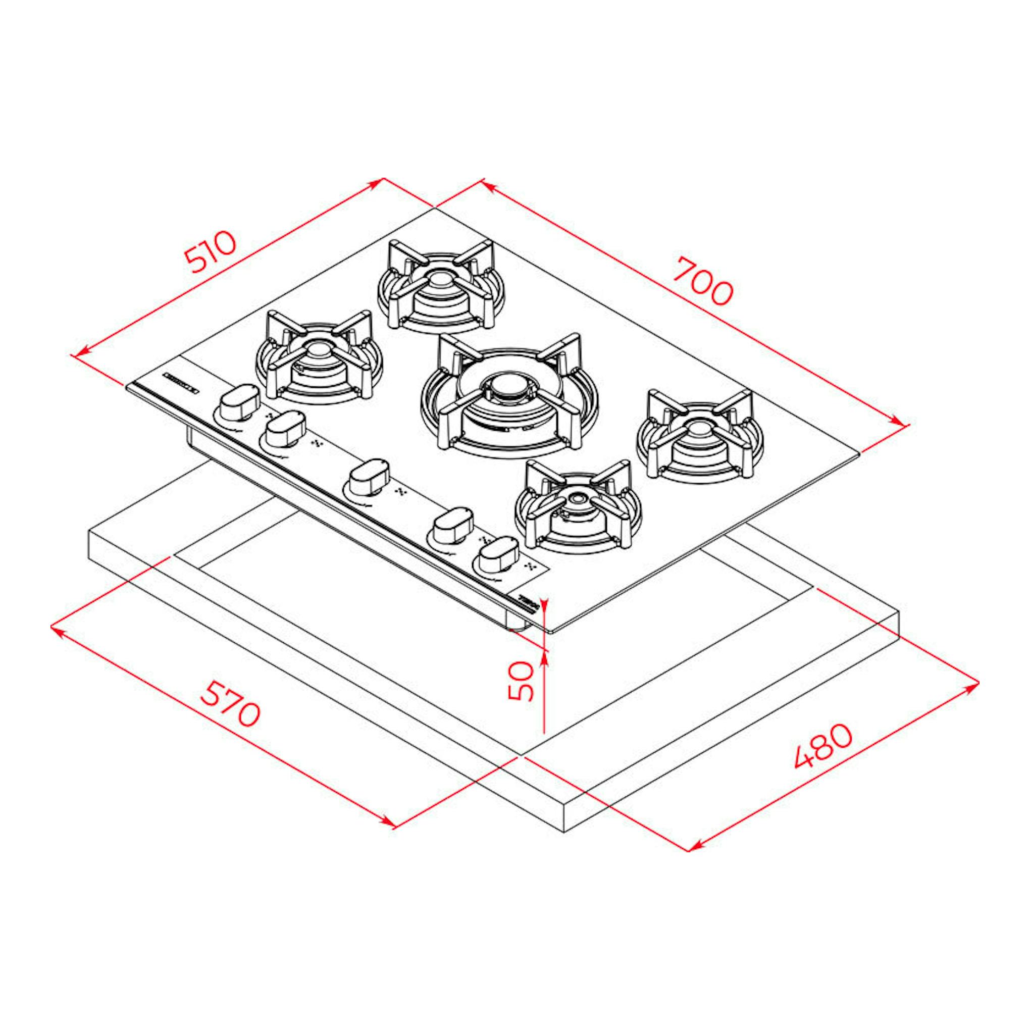 Placa de gas Teka GBC75G1BM, vista isométrica en blanco y negro, 5 fuegos, con medidas 700 x 510 mm.