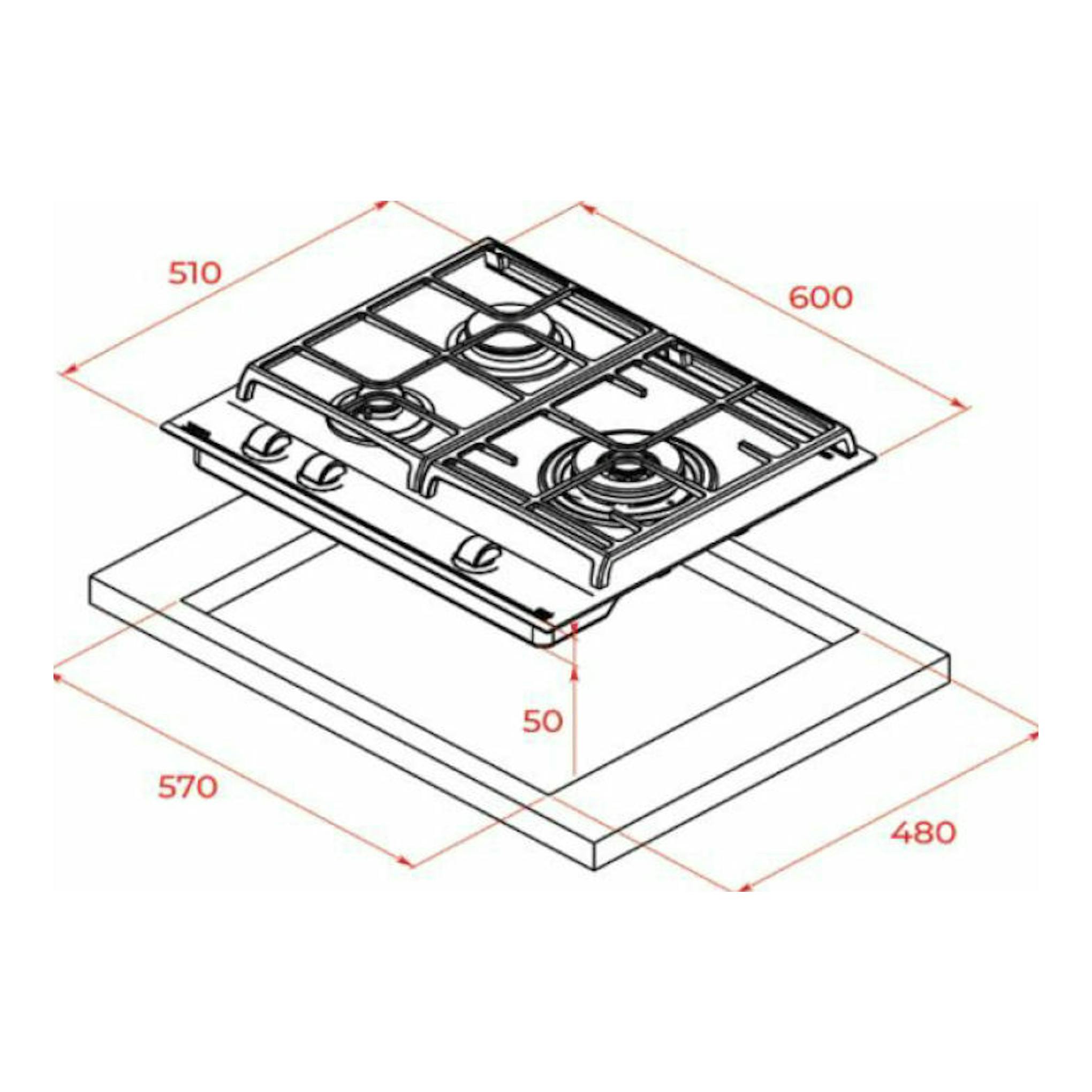 Placa de gas Teka GZC 63310XBB, vista isométrica en negro con medidas 600x510 y hueco 570x480 mm.