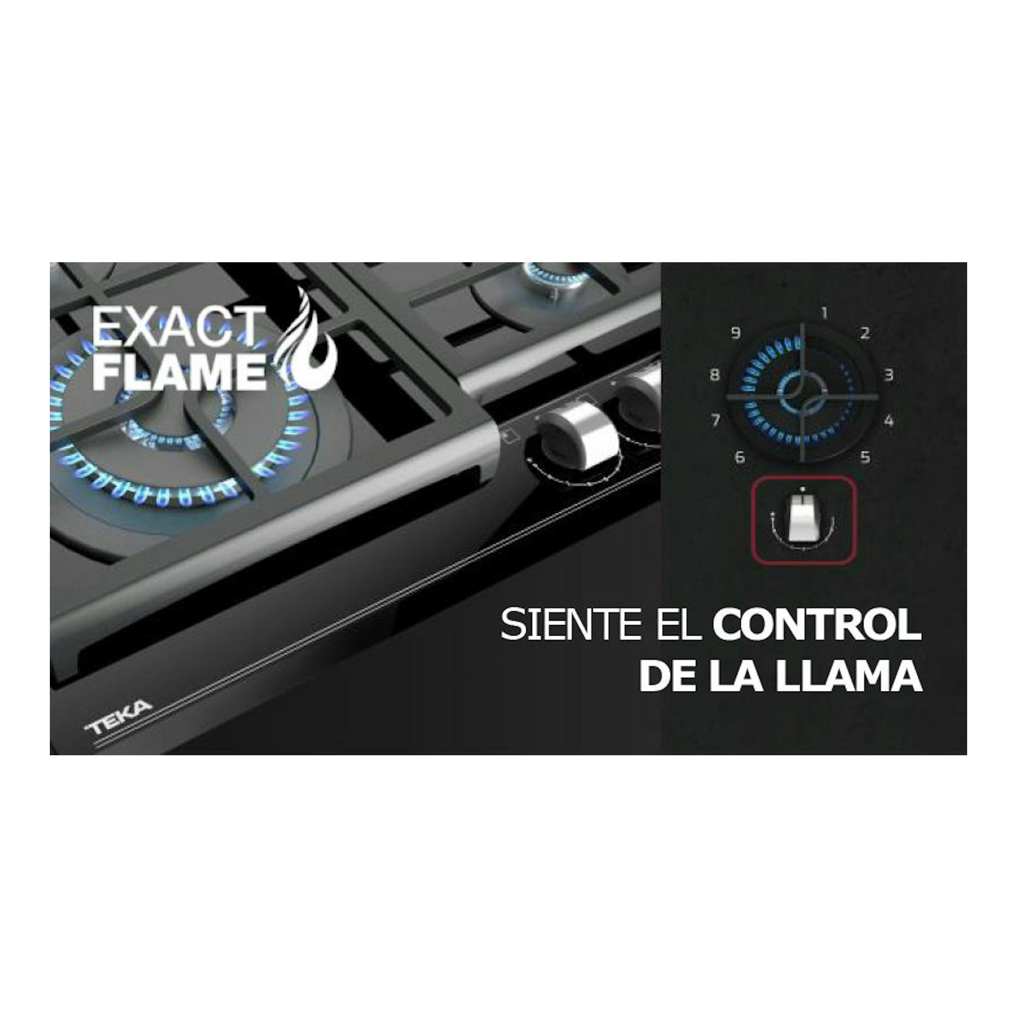 Placa de gas Teka GZC 63310XBB negra, vista en ángulo, con quemadores azules y mando de control.