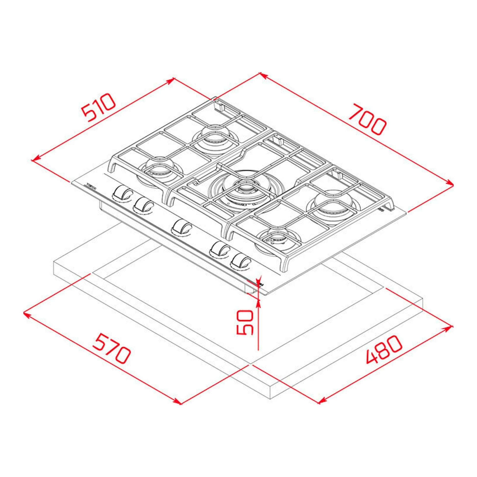 Placa de gas Teka GZC 75330XBABK, esquema isométrico, 5 fuegos, medidas 700 x 510 mm.