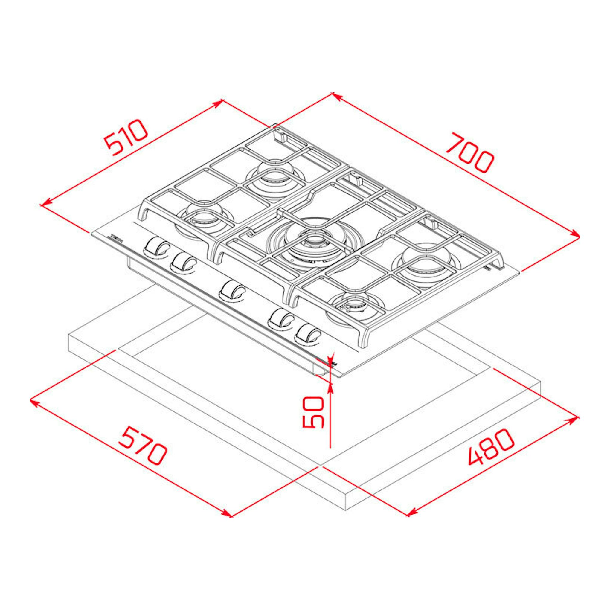 Placa de gas Teka GZC 75330XBABK, esquema isométrico, 5 fuegos, medidas 700 x 510 mm.
