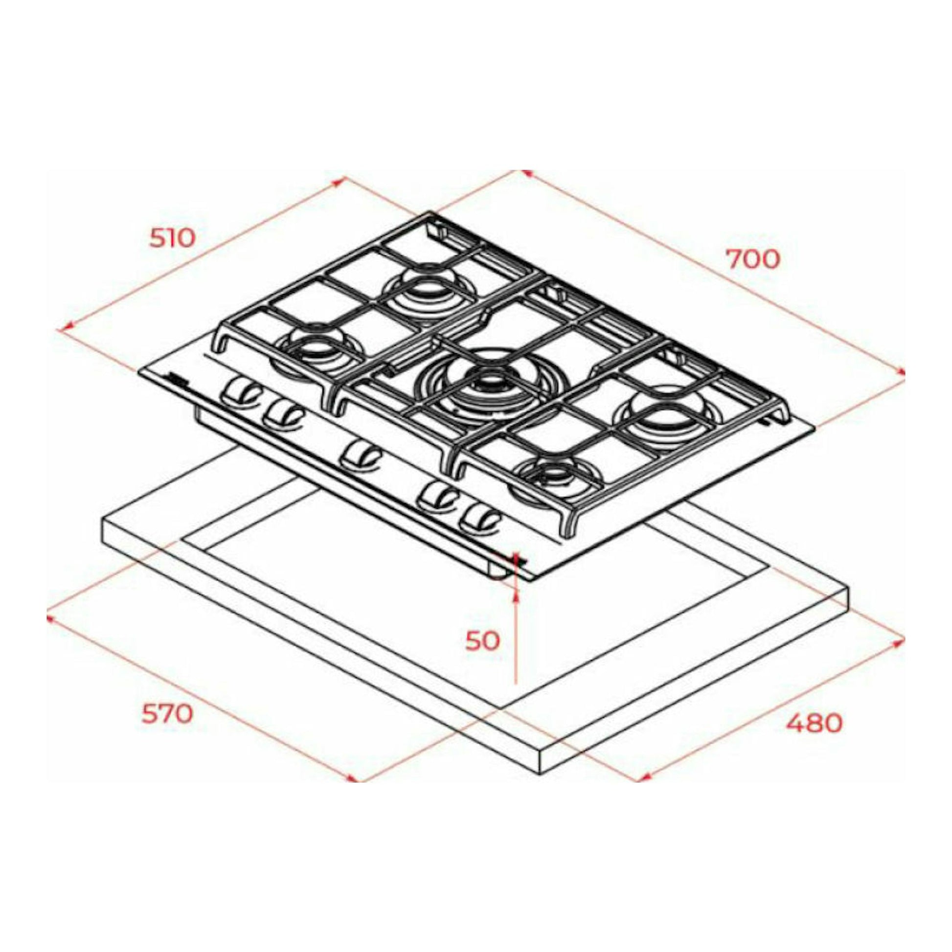 Teka GZC 75330XBN: placa de gas de 70 cm en vista isométrica con medidas y hueco de instalación.