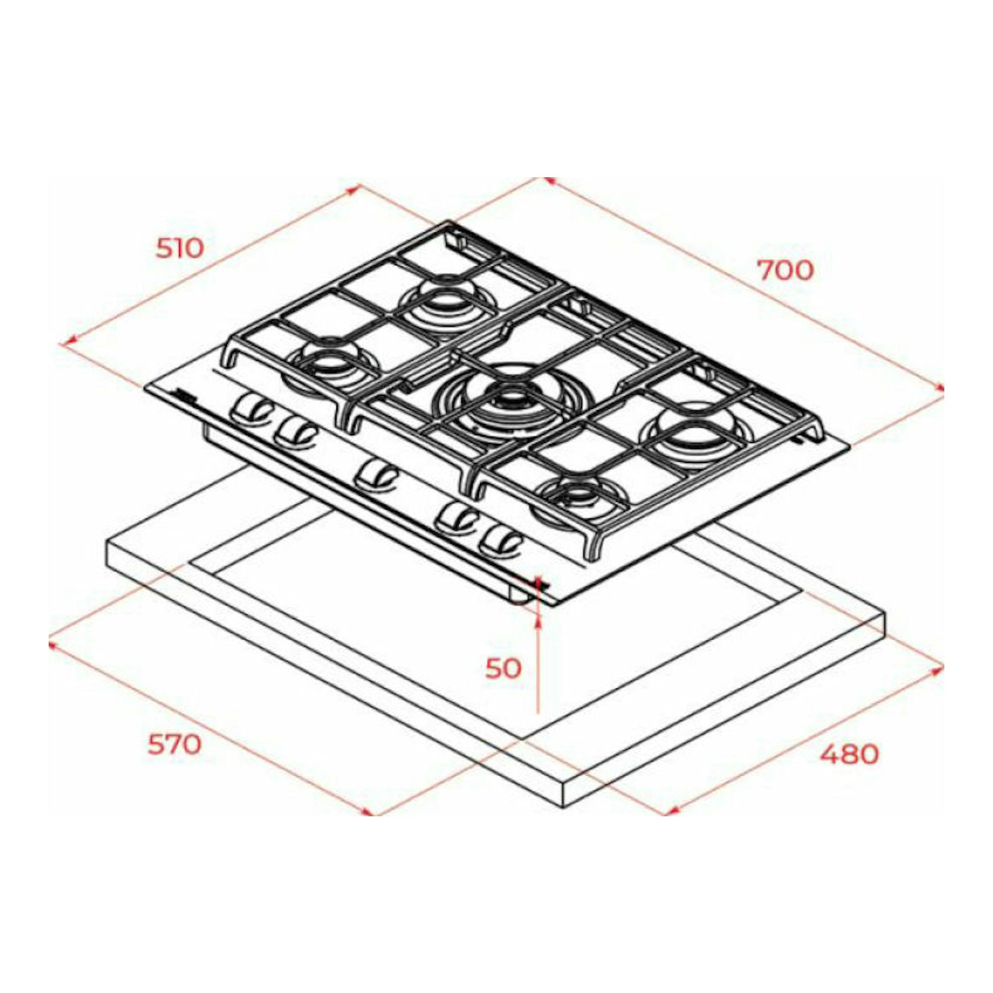 Teka GZC 75330XBN: placa de gas de 70 cm en vista isométrica con medidas y hueco de instalación.