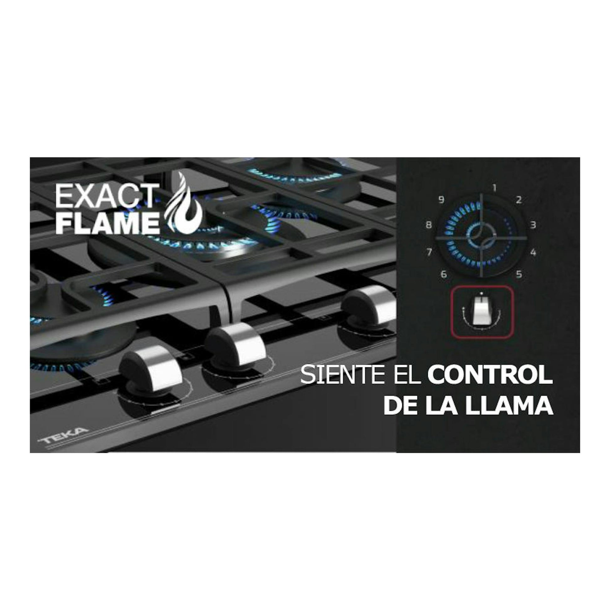 Placa de gas Teka GZC 75330XBN negra, vista en ángulo, con cinco quemadores y mandos frontales.