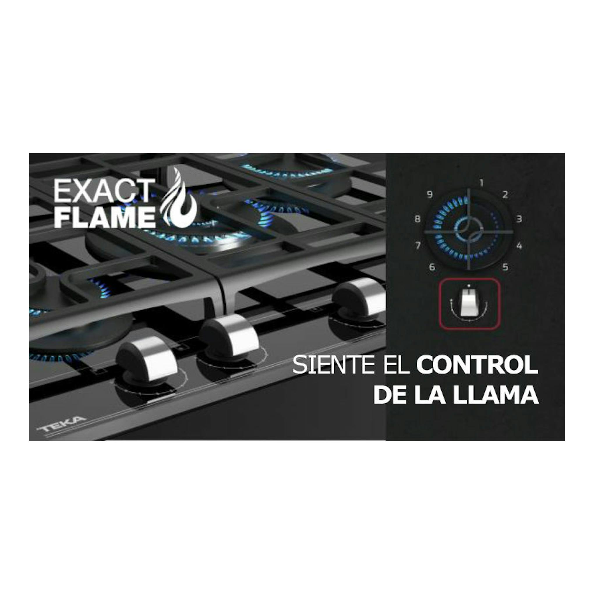 Placa de gas Teka GZC 75330XBN negra, vista en ángulo, con cinco quemadores y mandos frontales.