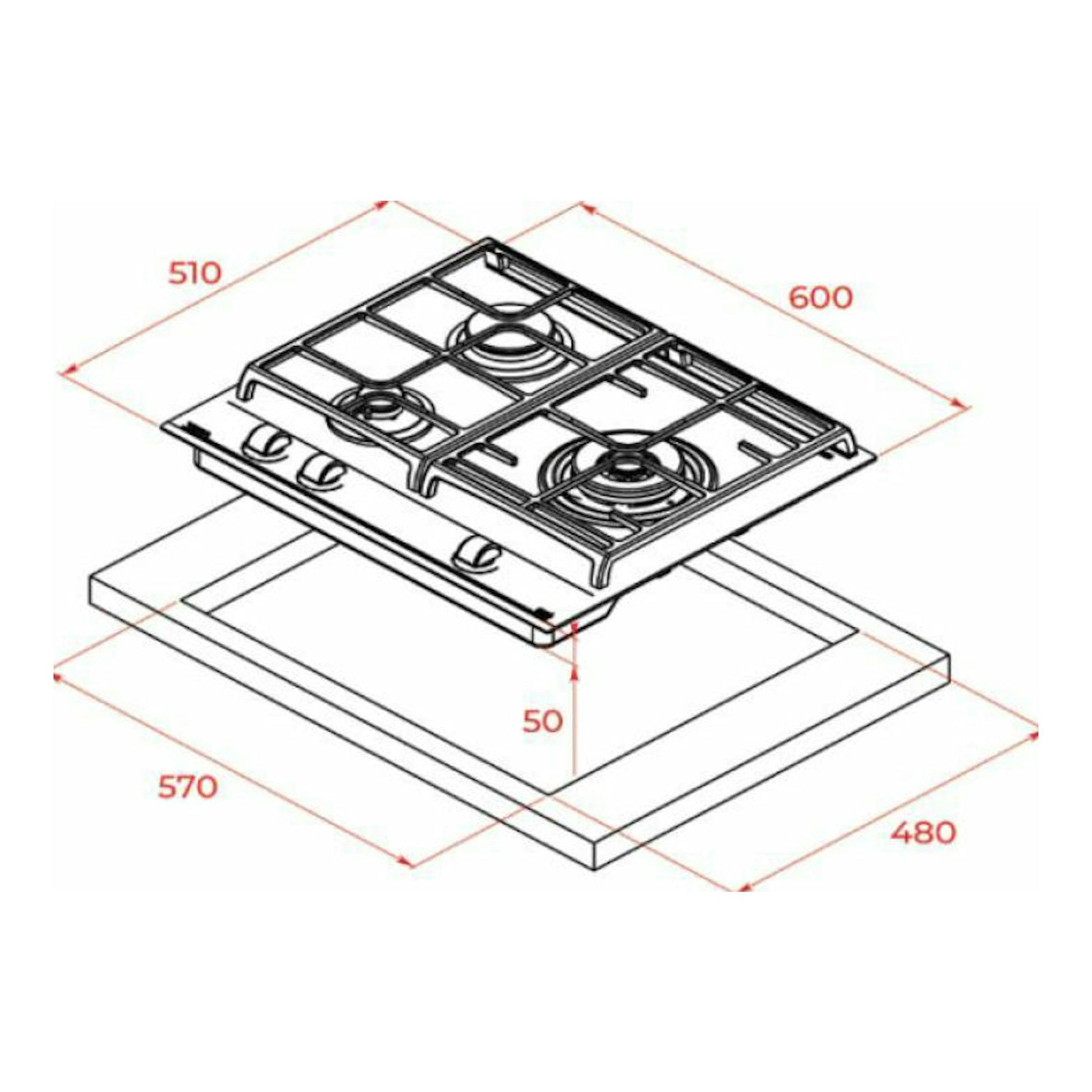 Teka GZC63310XBN: placa de gas negra, vista isométrica técnica con medidas 600x510 mm y hueco 570x480 mm.