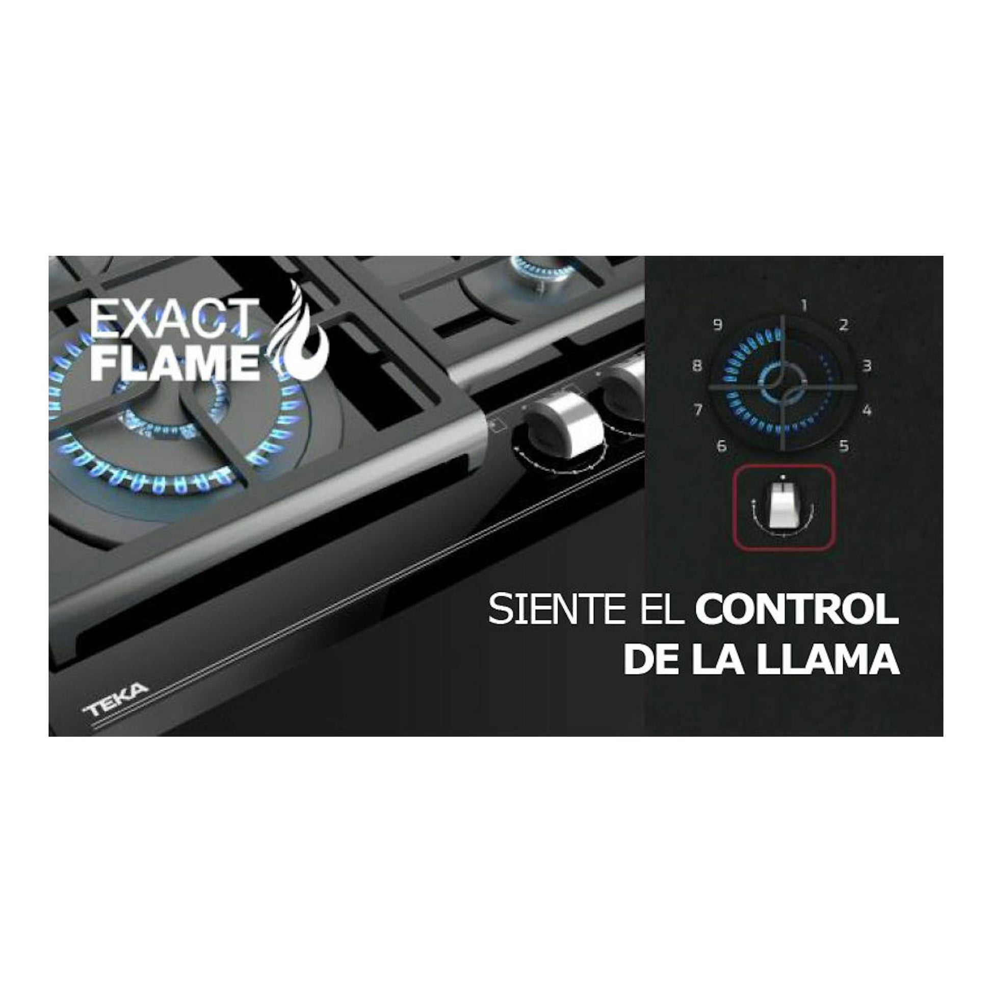 Placa de gas Teka GZC63310XBN negra, vista en ángulo, con quemadores encendidos y mando de control.