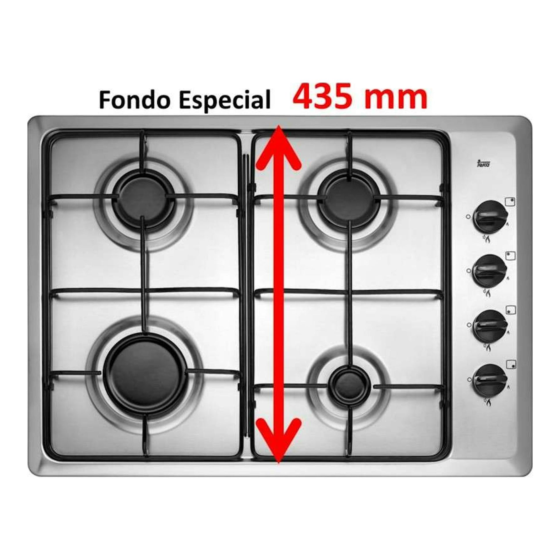 Placa de gas Teka de 4 fuegos en acero inoxidable, vista superior, con mandos laterales derechos.