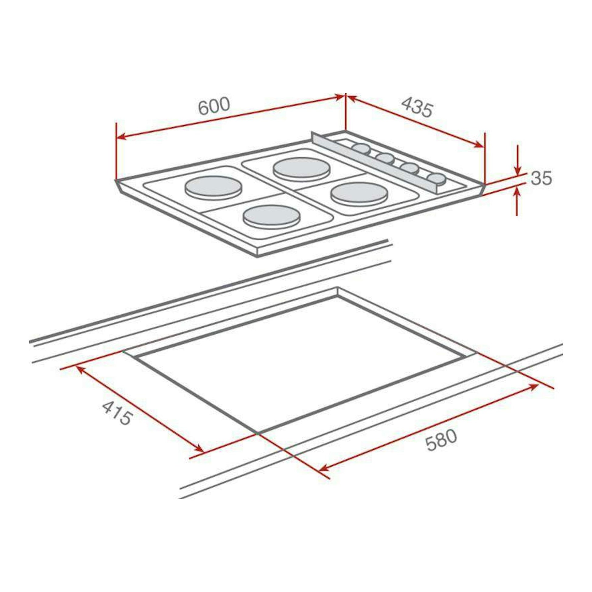 Esquema isométrico de placa de gas Teka HLX 50 4G AL, 60 cm, con medidas 600x435 y hueco 580x415 mm.