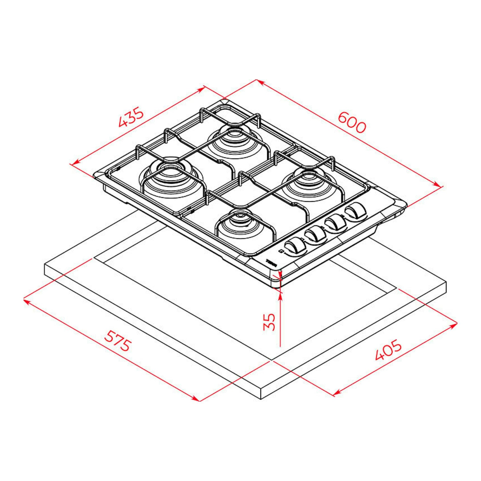 Dibujo técnico de placa de gas Teka HLX 540 KLA IX de 60 cm, vista isométrica en blanco y negro.