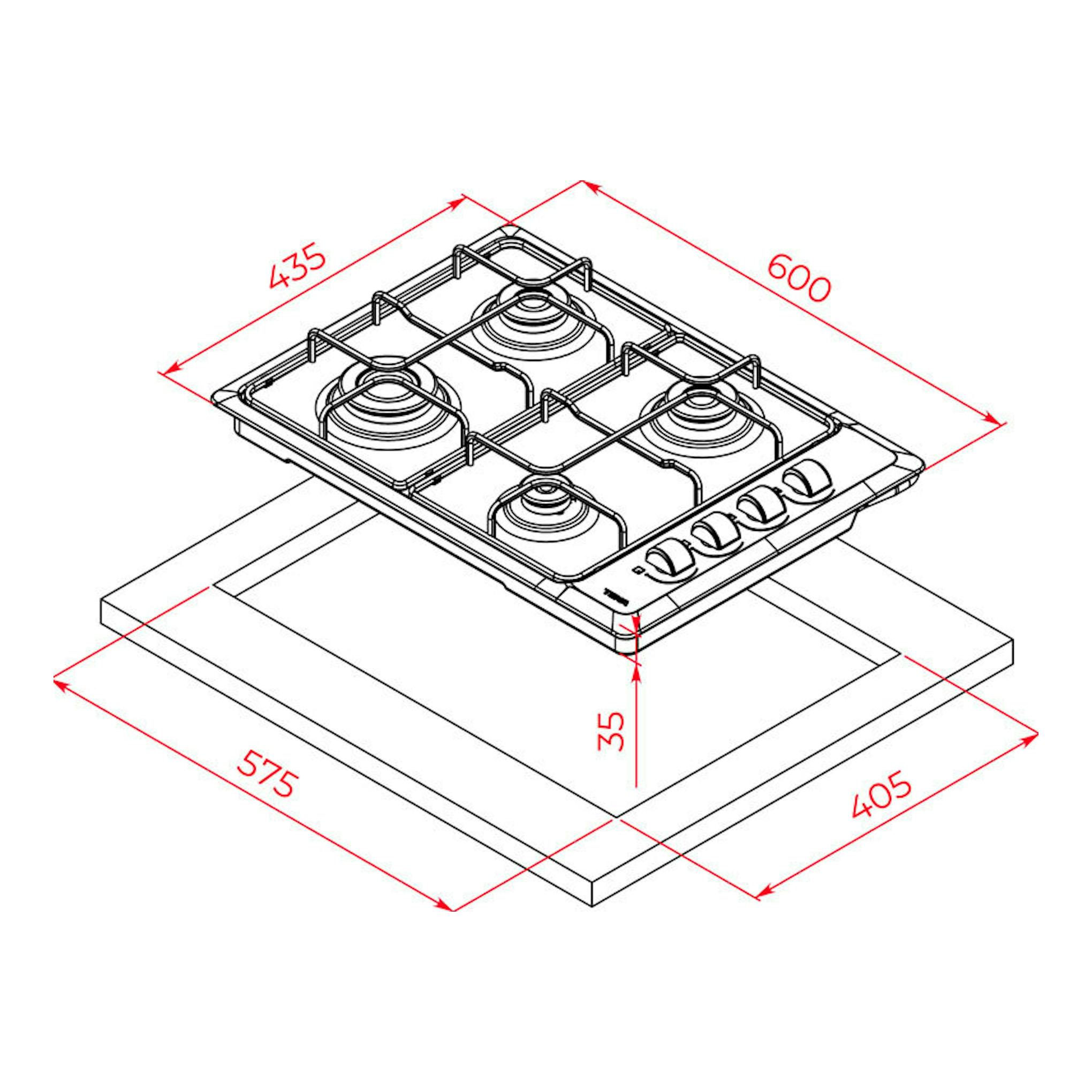 Dibujo técnico de placa de gas Teka HLX 540 KLA IX de 60 cm, vista isométrica en blanco y negro.