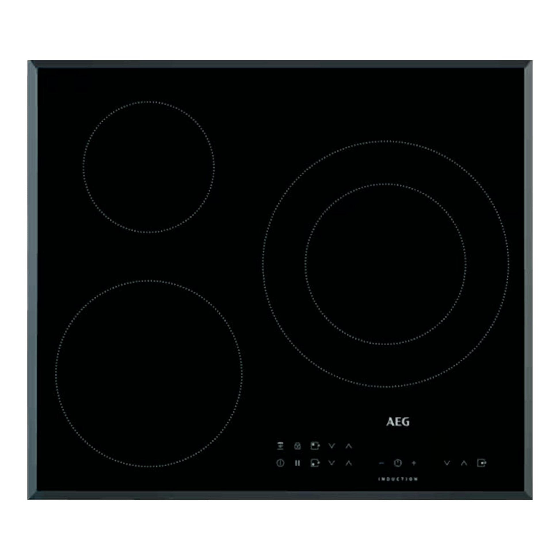 Placa de inducción AEG IKB63302FB negra, vista frontal, con tres zonas de cocción circulares.