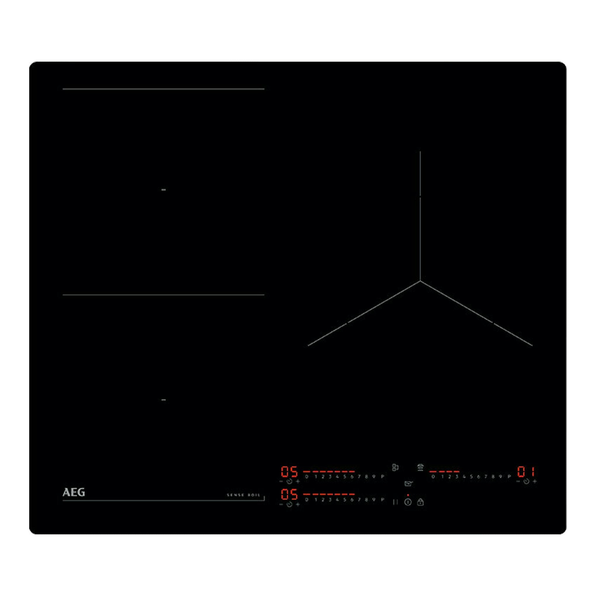 Placa de inducción AEG TI63IQ10IB negra, vista frontal, con panel táctil y zonas de cocción marcadas.