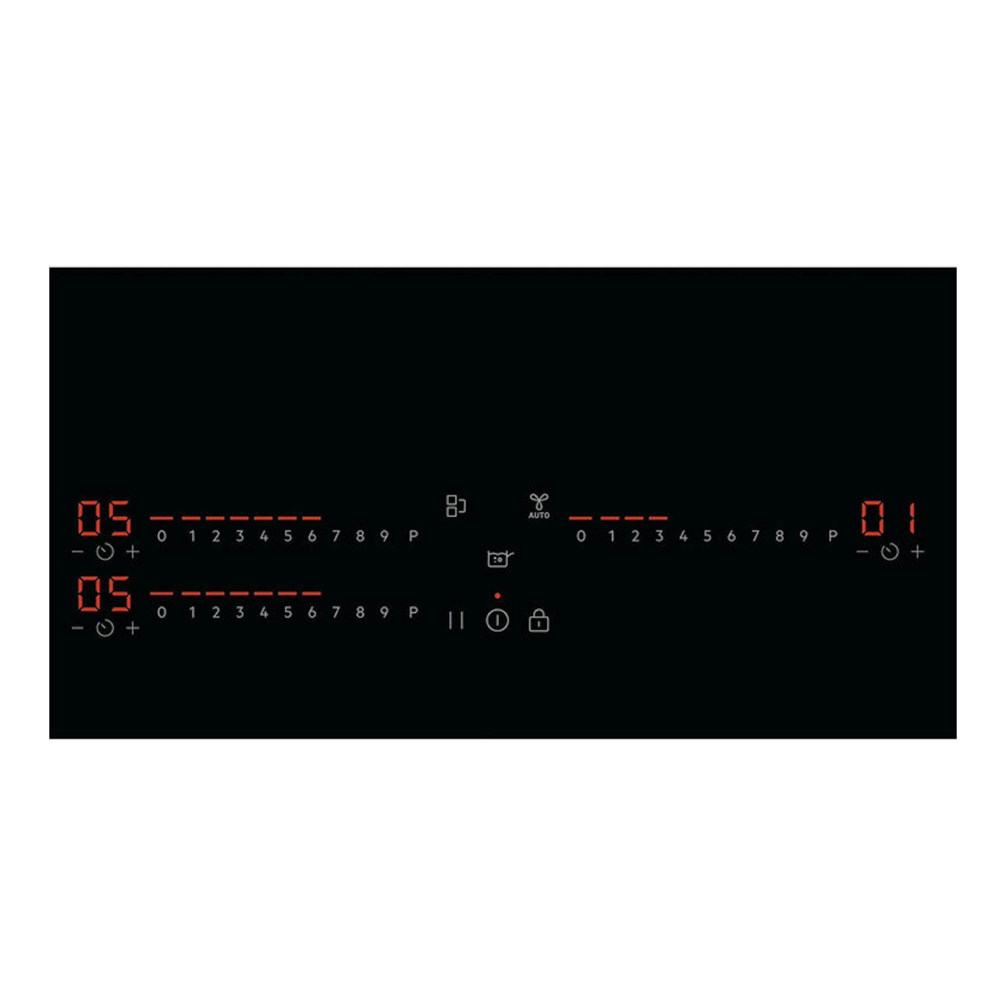 Placa de inducción AEG TI63IQ10IB negra, vista superior, con controles táctiles iluminados en rojo.
