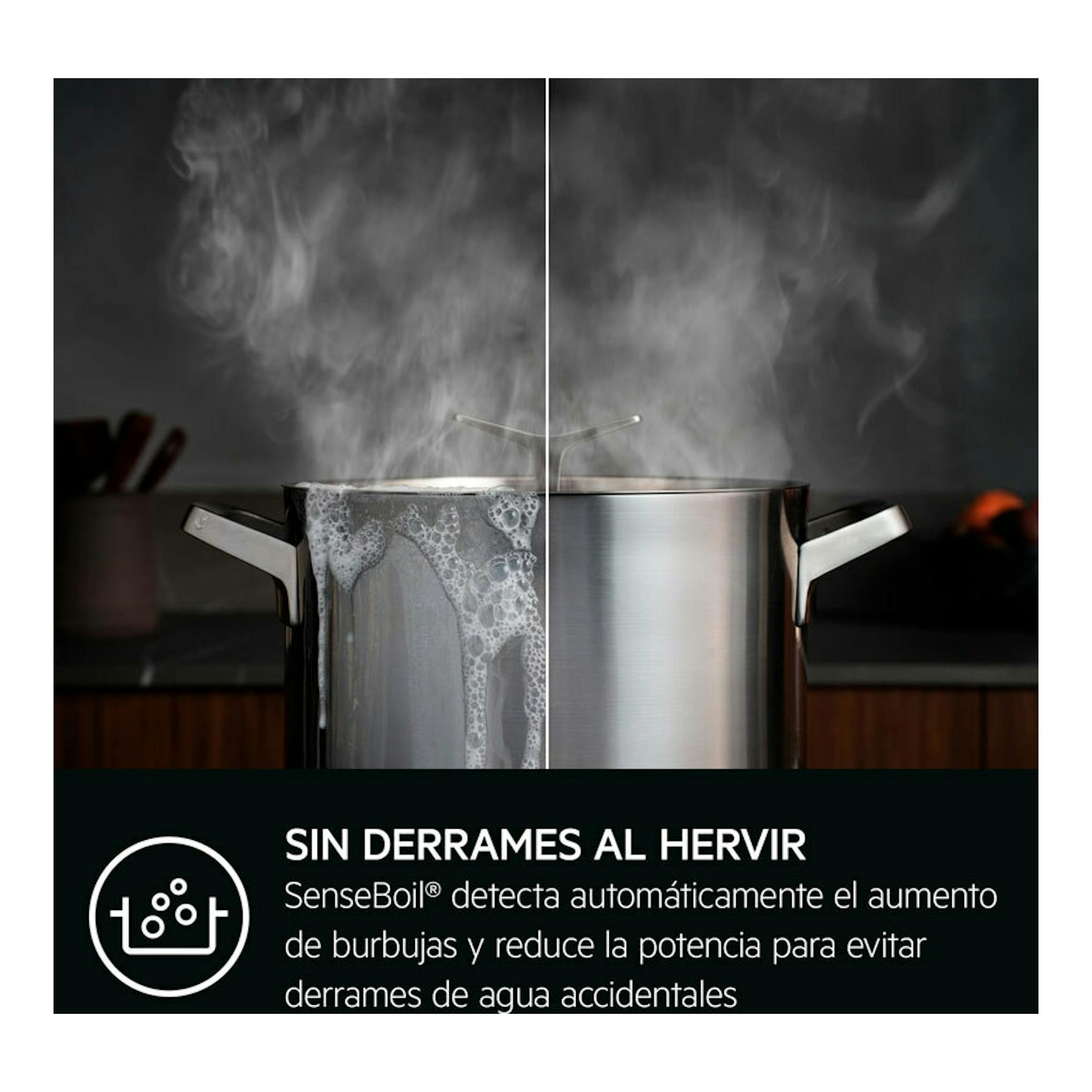 AEG TI63IQ10IB: dos ollas hirviendo con vapor; una rebosa y otra no, sobre fondo negro.