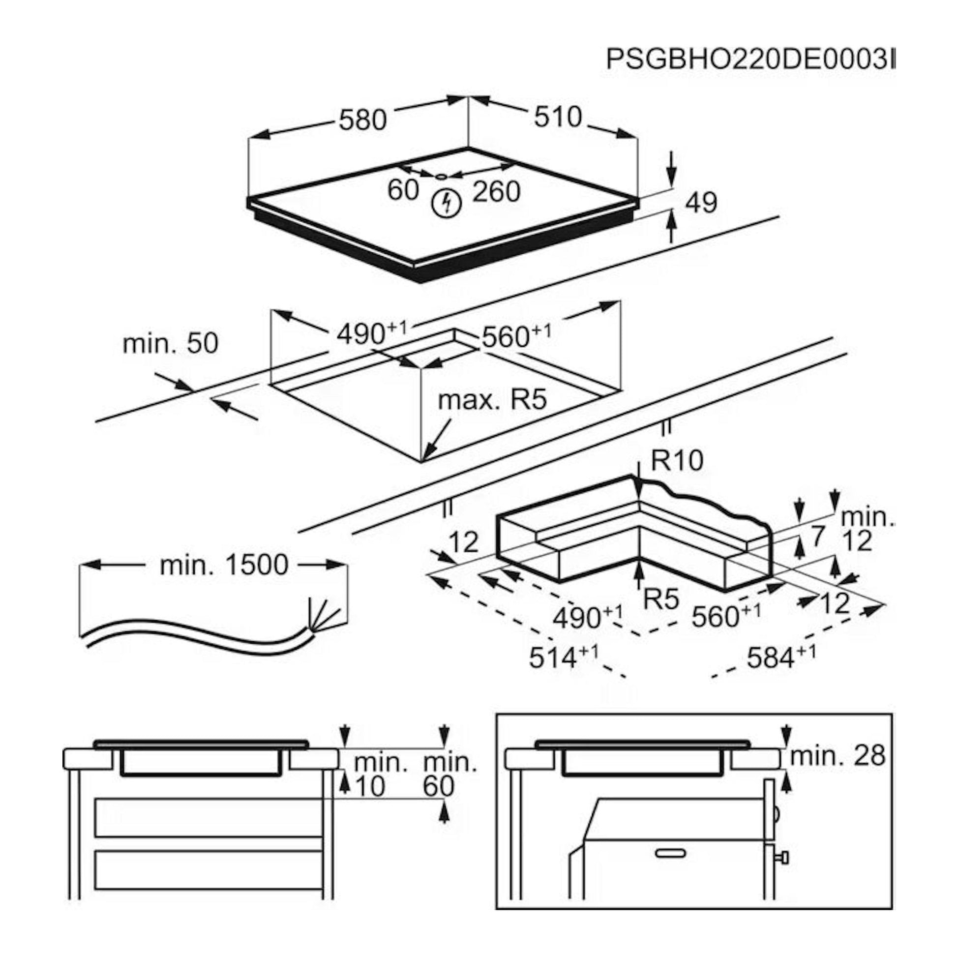 AEG TI63IQ10IZ: esquema técnico de instalación de placa de inducción negra de 60 cm con medidas.