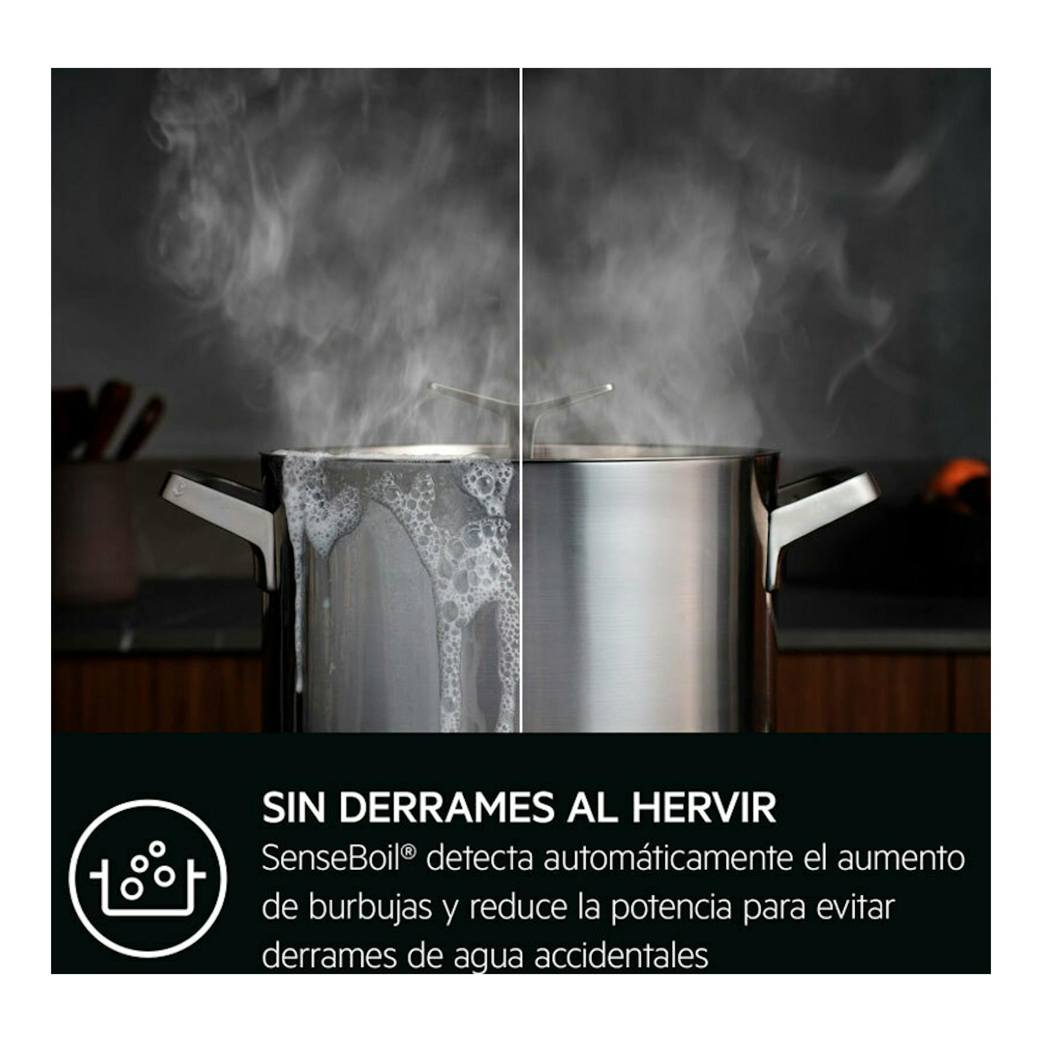 AEG TI63IQ10IZ: imagen dividida de una olla hirviendo con derrame y otra sin derrames.