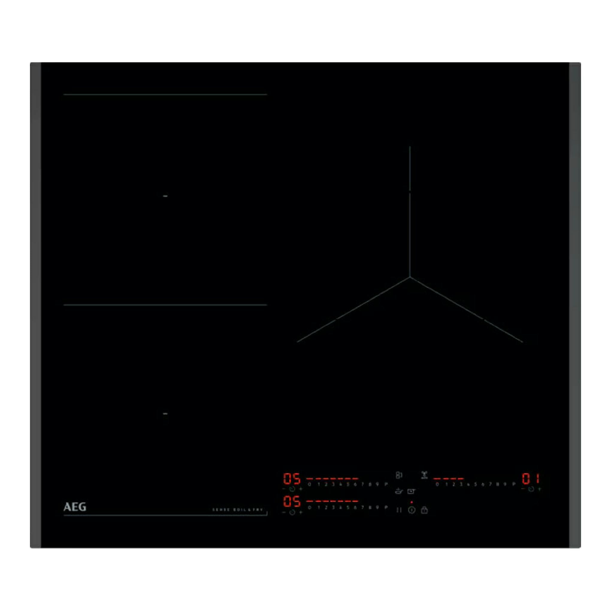 Placa de inducción AEG TI63IQ30FB negra, vista superior, con zonas de cocción y mandos táctiles.