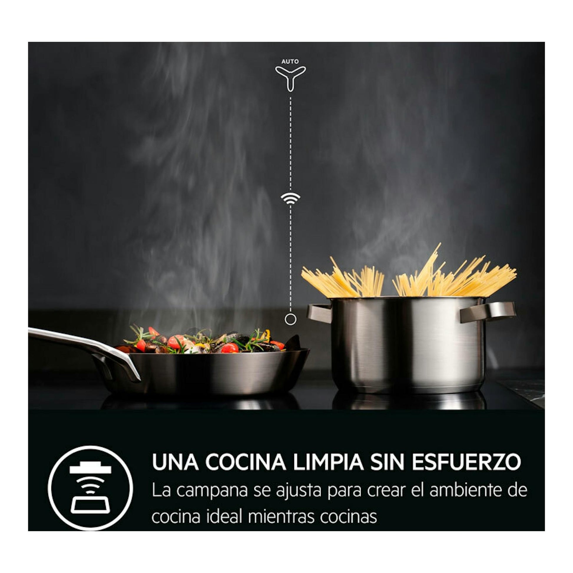 AEG TI63IQ3BFB: imagen promocional de una placa de inducción negra con dos ollas de acero y vapor.