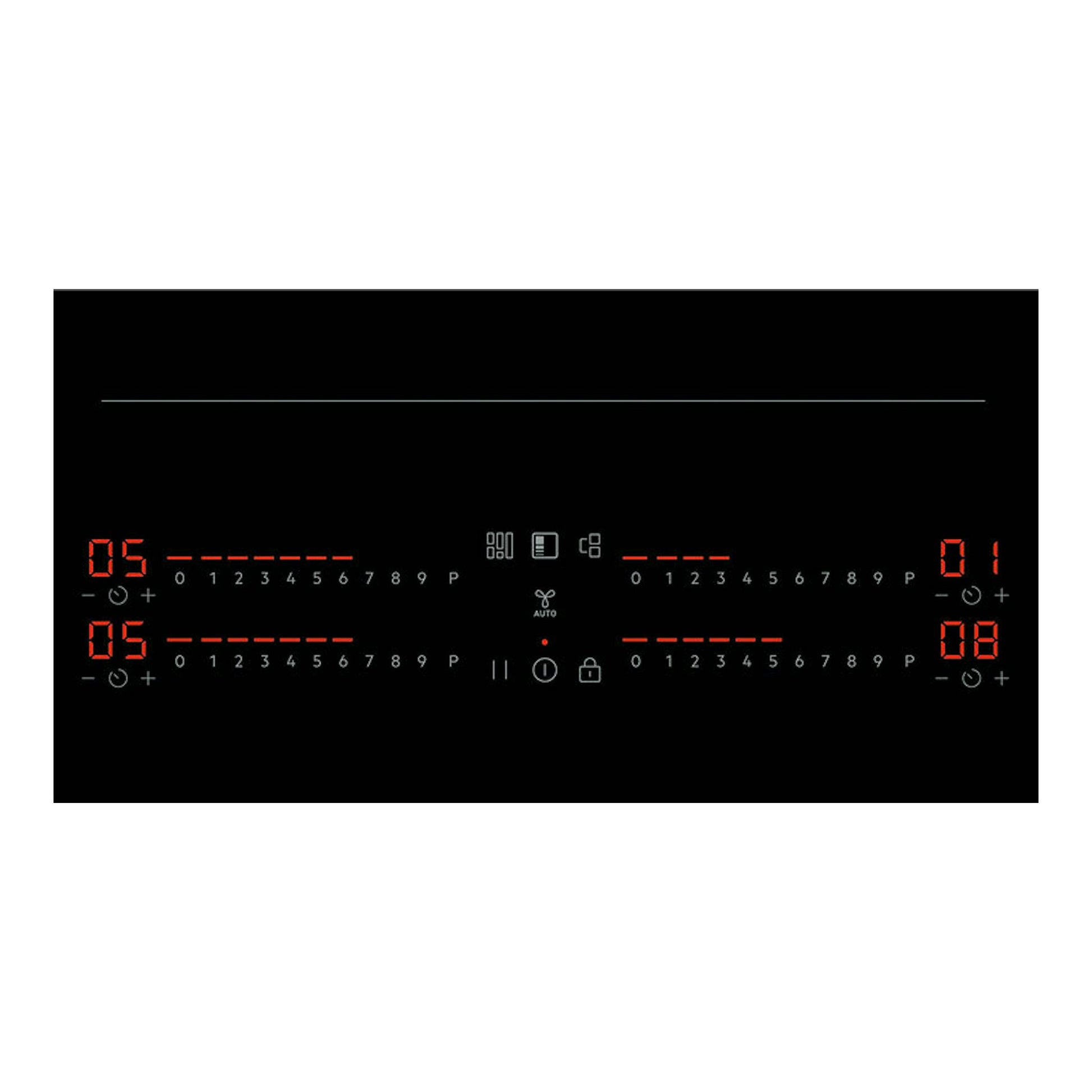 Placa de inducción AEG TI64IG00IB negra, vista superior, con controles táctiles y displays rojos.