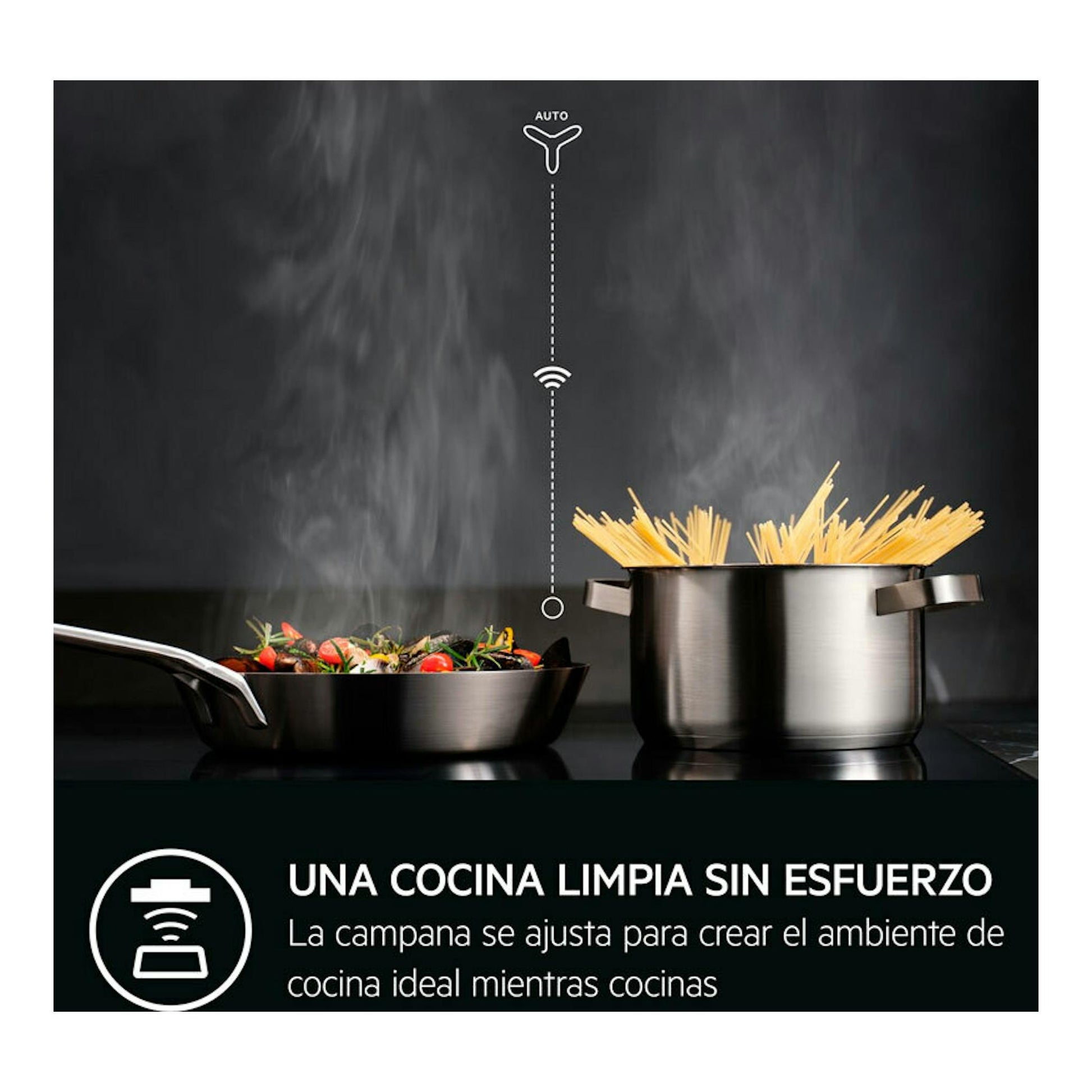 AEG TI84IB30FB, placa de inducción negra en vista frontal con olla y sartén humeantes sobre la superficie.