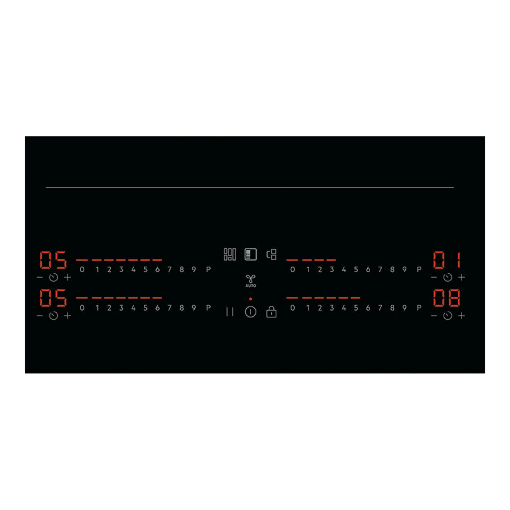 Placa de inducción AEG TI84IS00FB negra, vista frontal con controles táctiles y cuatro zonas.