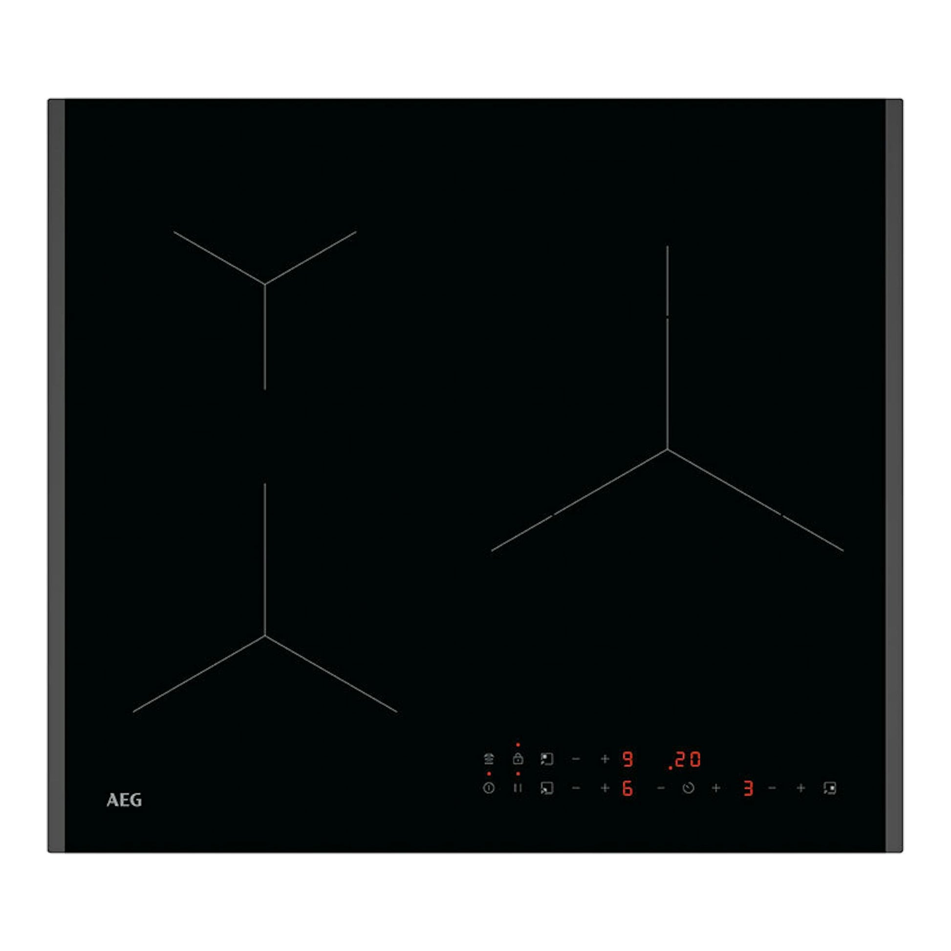 Placa de inducción AEG TN63IA00FB negra de 60 cm, vista superior, con mandos táctiles y zonas marcadas.