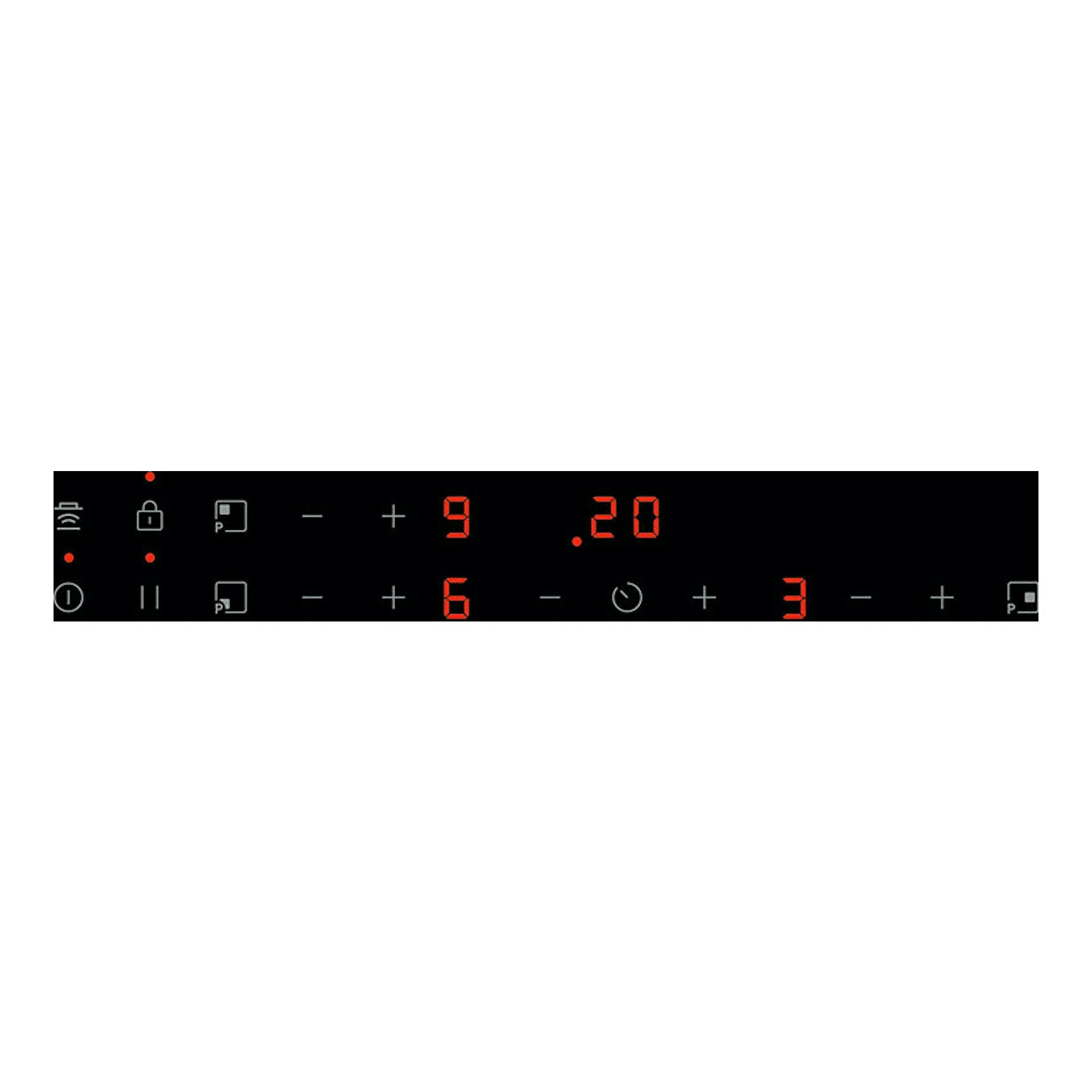 Primer plano del panel táctil negro de una placa de inducción AEG TN63IA00FB, con dígitos rojos.