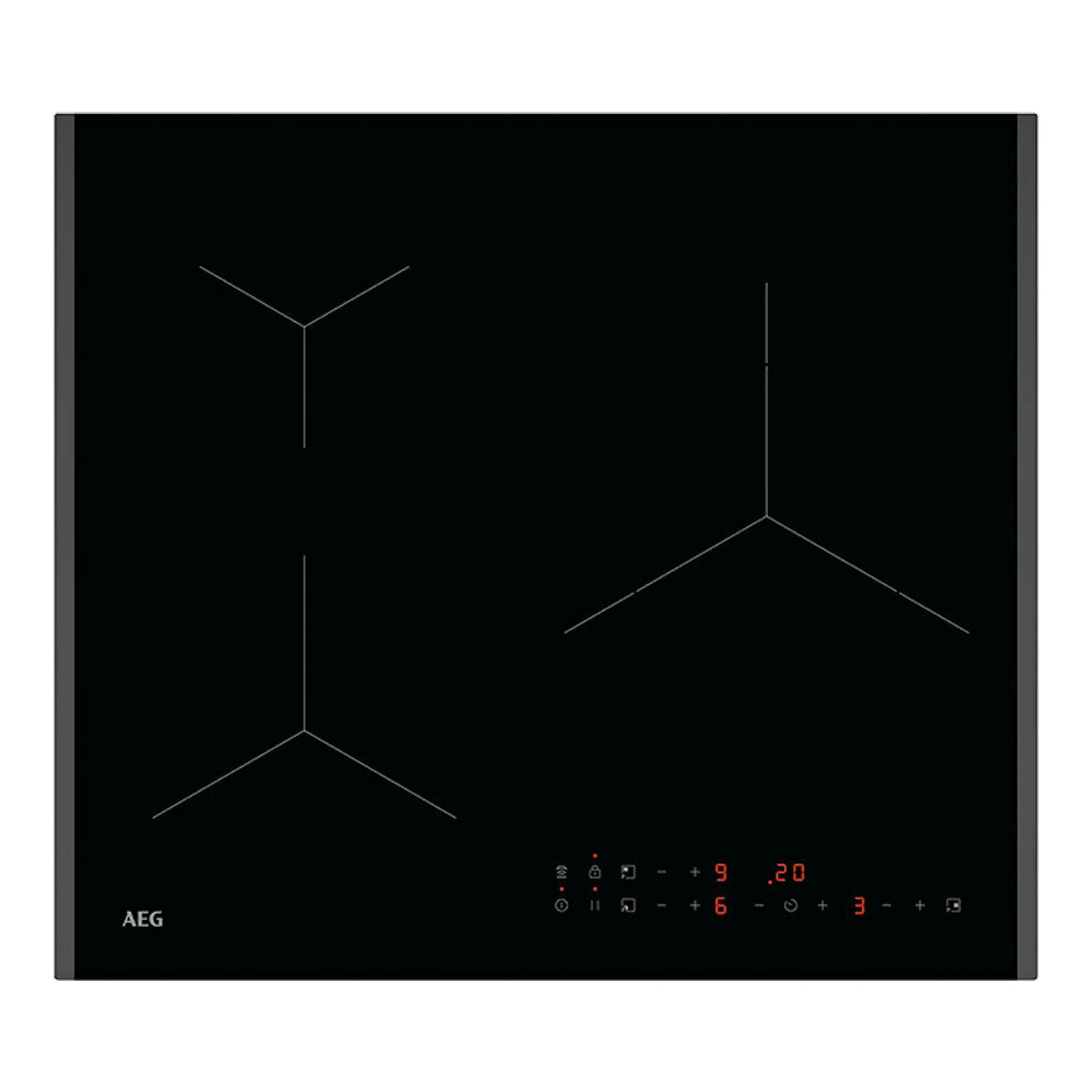 Placa de inducción AEG TN63IP00FB negra, vista superior, con mandos táctiles y zonas de cocción marcadas.