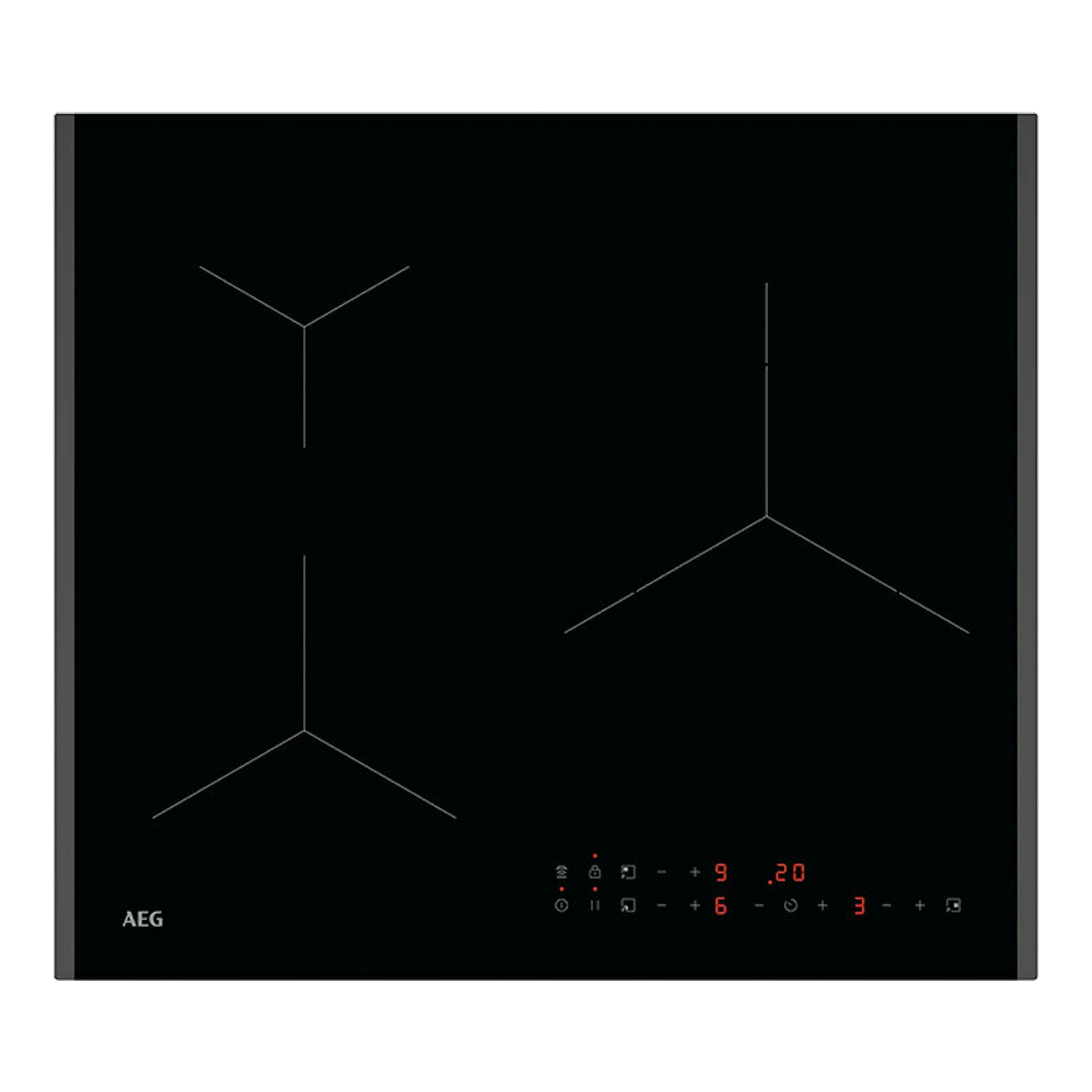 Placa de inducción AEG TN63IP00FB negra, vista superior, con mandos táctiles y zonas de cocción marcadas.