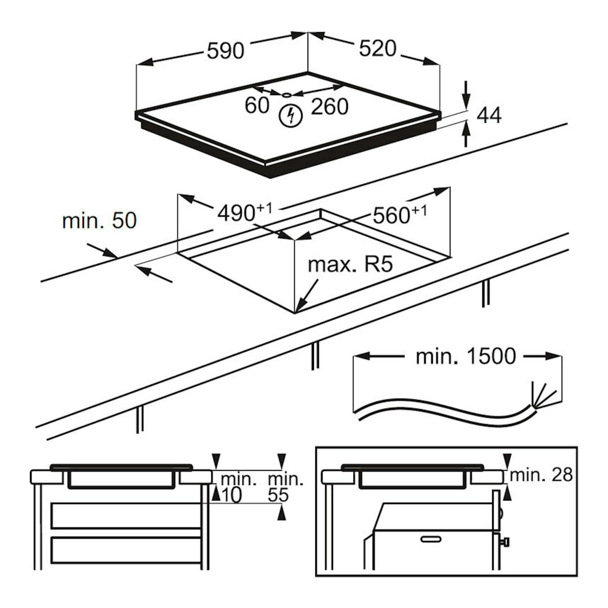 Diagrama técnico de instalación de placa de inducción AEG TN63IP0BFB de 60 cm, con medidas y hueco de encastre.