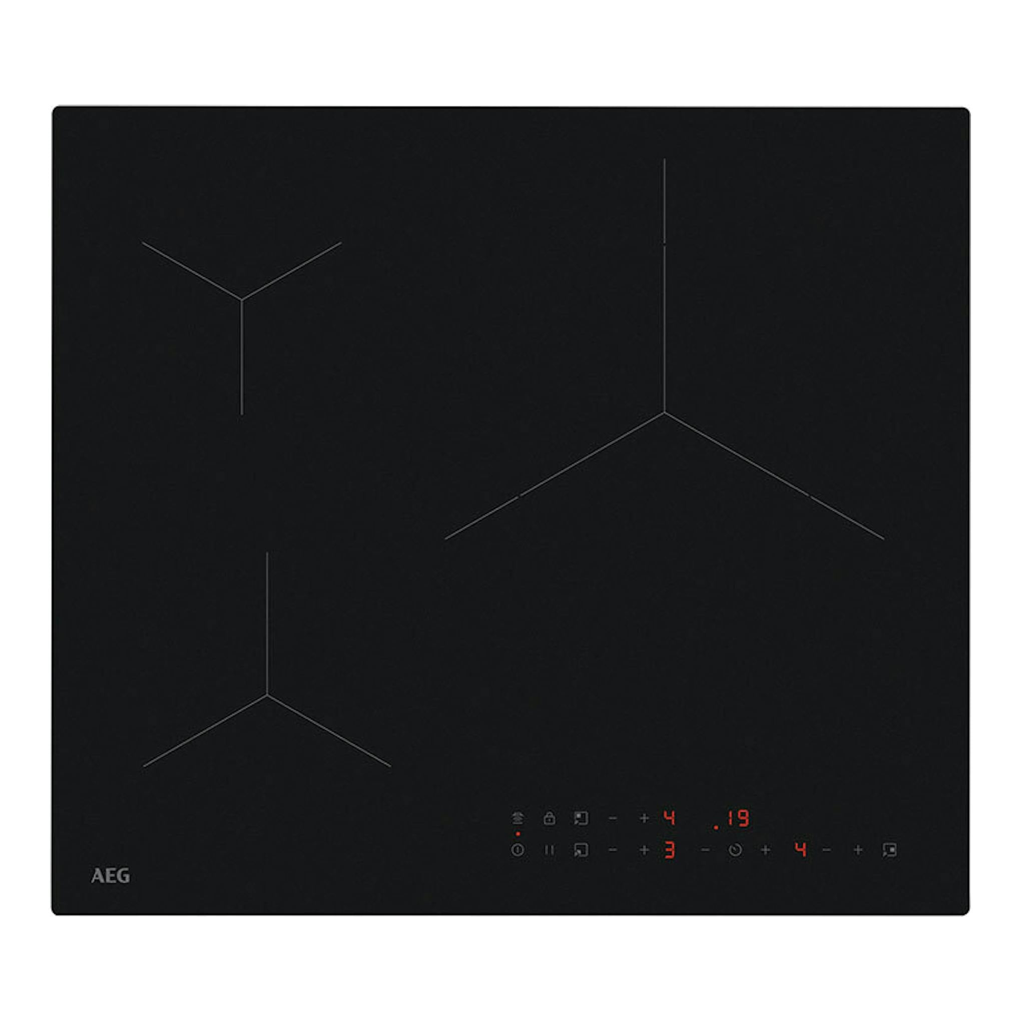 Placa de inducción AEG TN63IV00CB negra, vista cenital, con mandos táctiles iluminados.