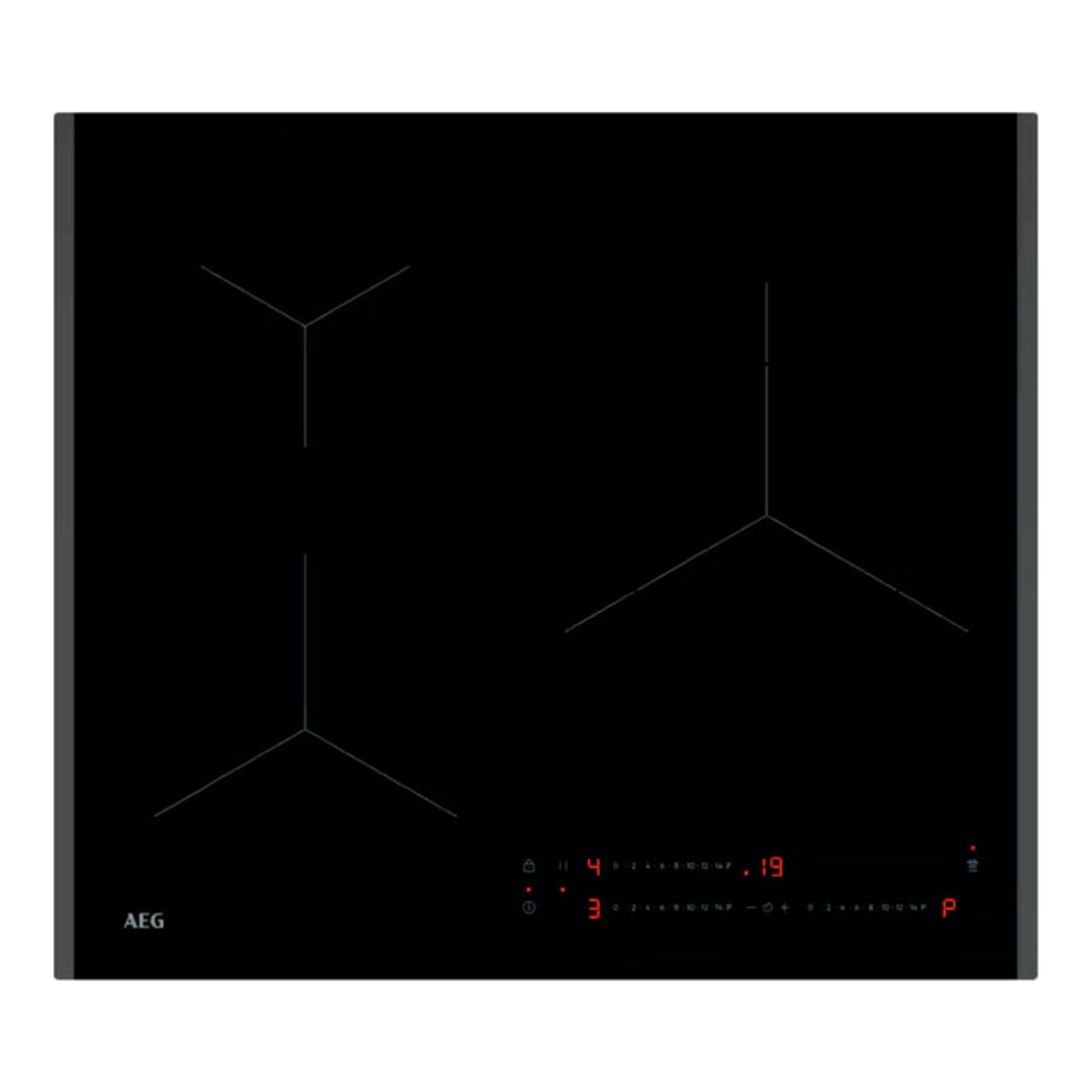Placa de inducción AEG TO63IA00FB negra, vista superior, con controles táctiles iluminados en la parte inferior.