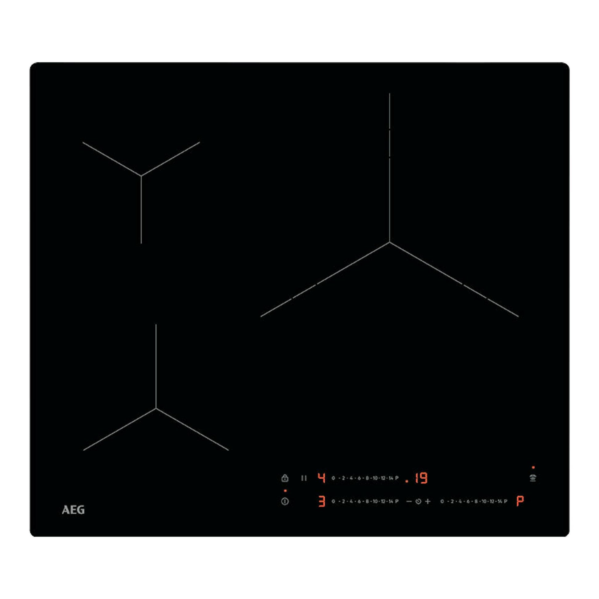 Placa de inducción AEG TO63IV00IB negra, vista superior con cuatro zonas y controles táctiles.