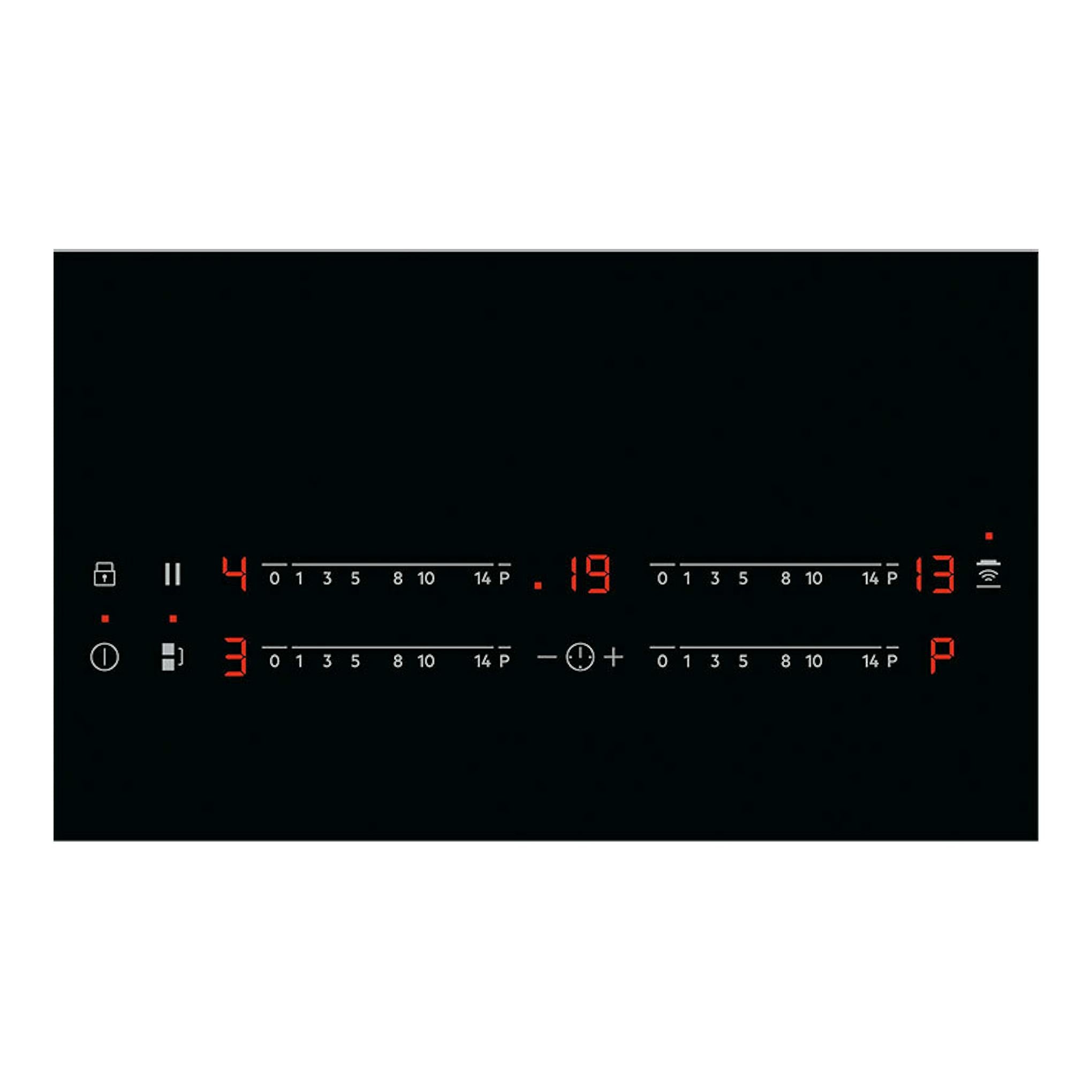 Placa de inducción AEG TO84IU0FFB negra, vista frontal, con controles táctiles iluminados en rojo.