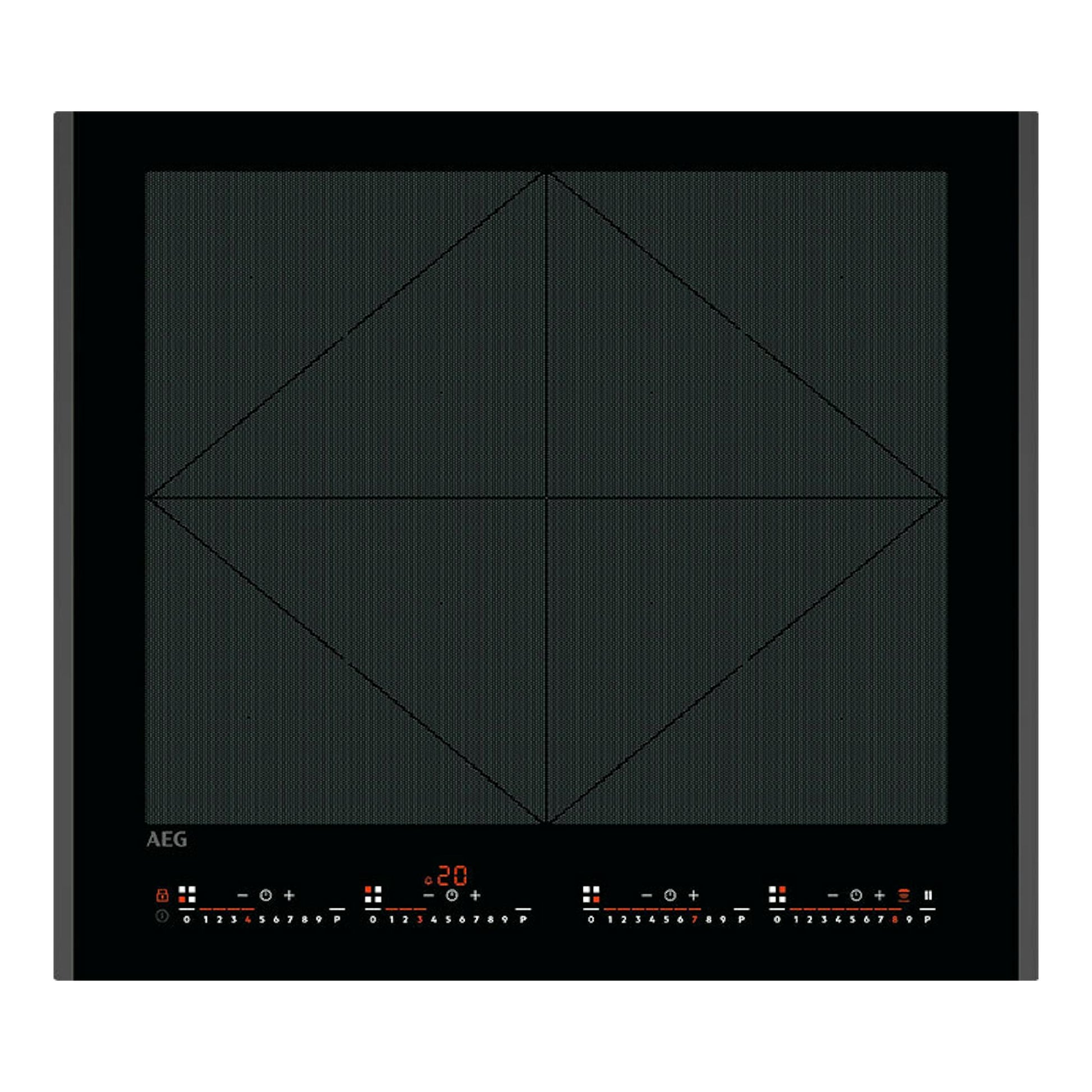 Placa de inducción AEG TR64IT00FB negra, vista frontal, con cuatro zonas y panel táctil inferior.
