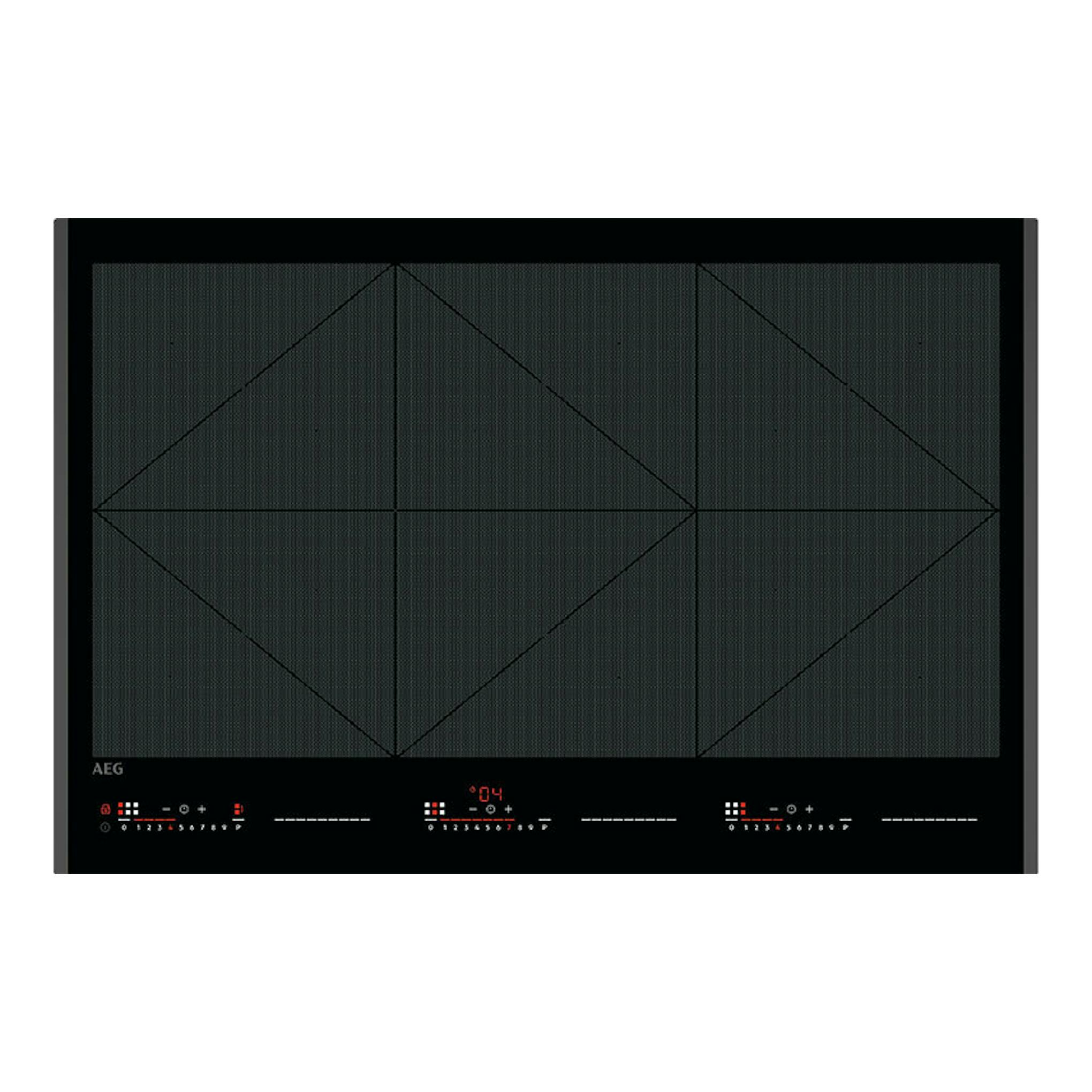 Placa de inducción AEG TR84IT00FB negra, vista frontal, con cuatro zonas de cocción y panel táctil.