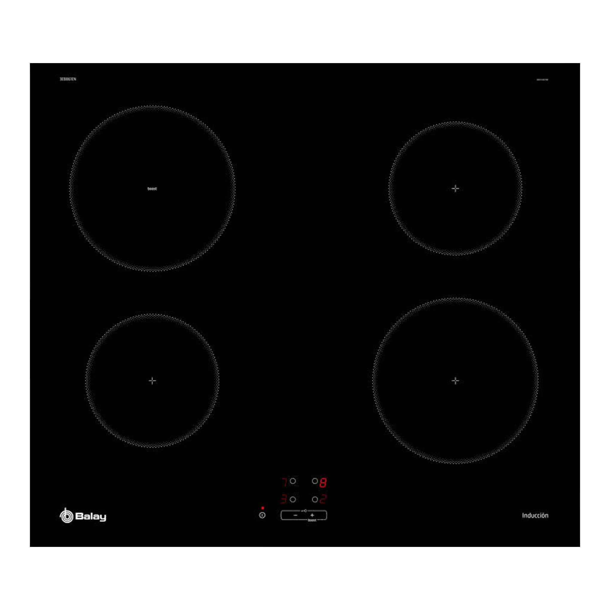 Placa de inducción Balay 3EB861EN negra, vista cenital, con cuatro zonas circulares y panel táctil.