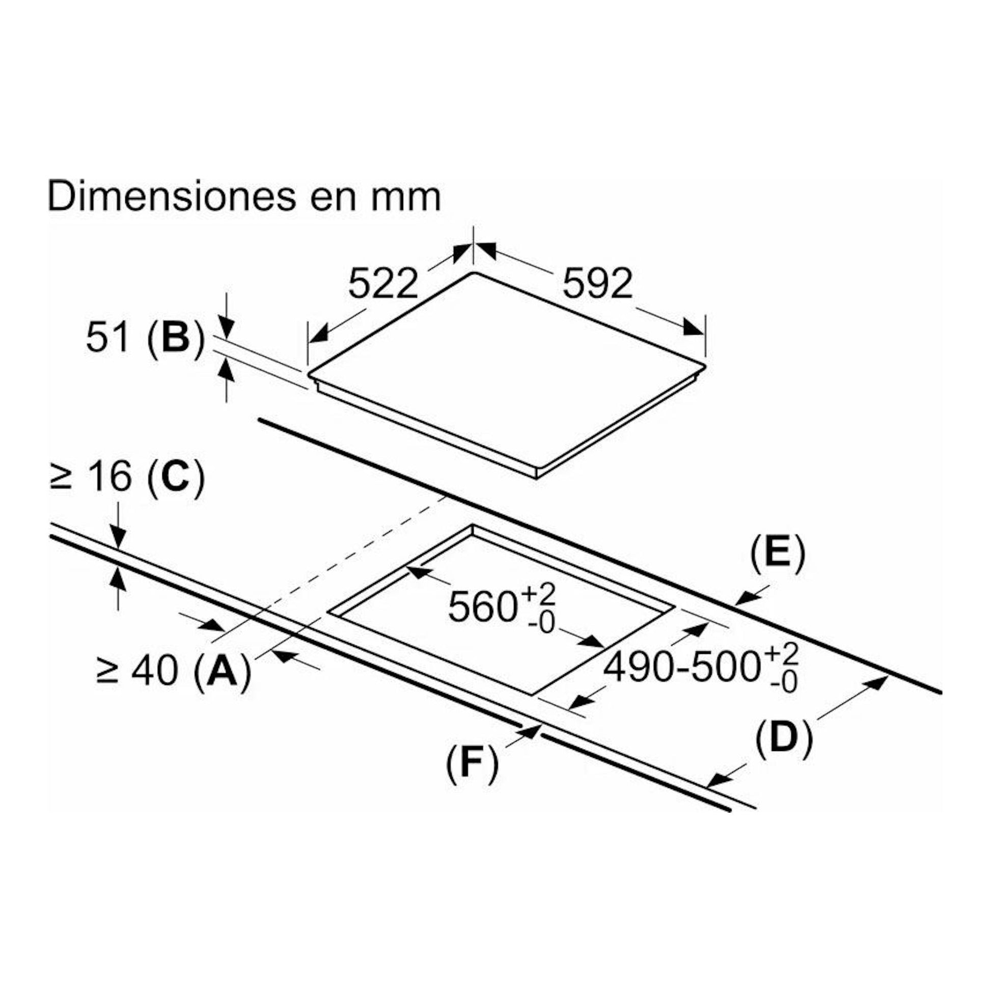 Balay 3EB861EN: esquema en perspectiva de placa de inducción negra de 60 cm, 592 x 522 mm, hueco 560 x 490-500 mm.