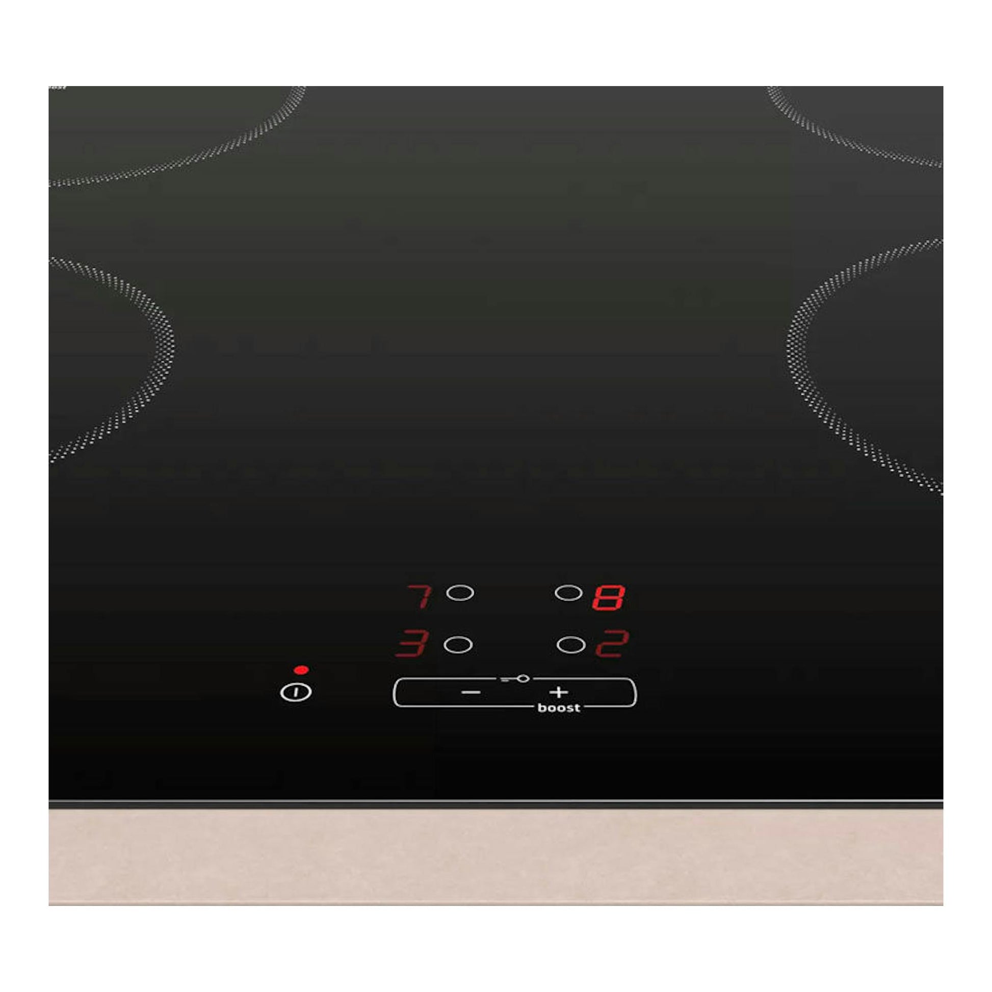Placa de inducción Balay 3EB861EN negra, vista frontal, con cuatro zonas y panel táctil iluminado.