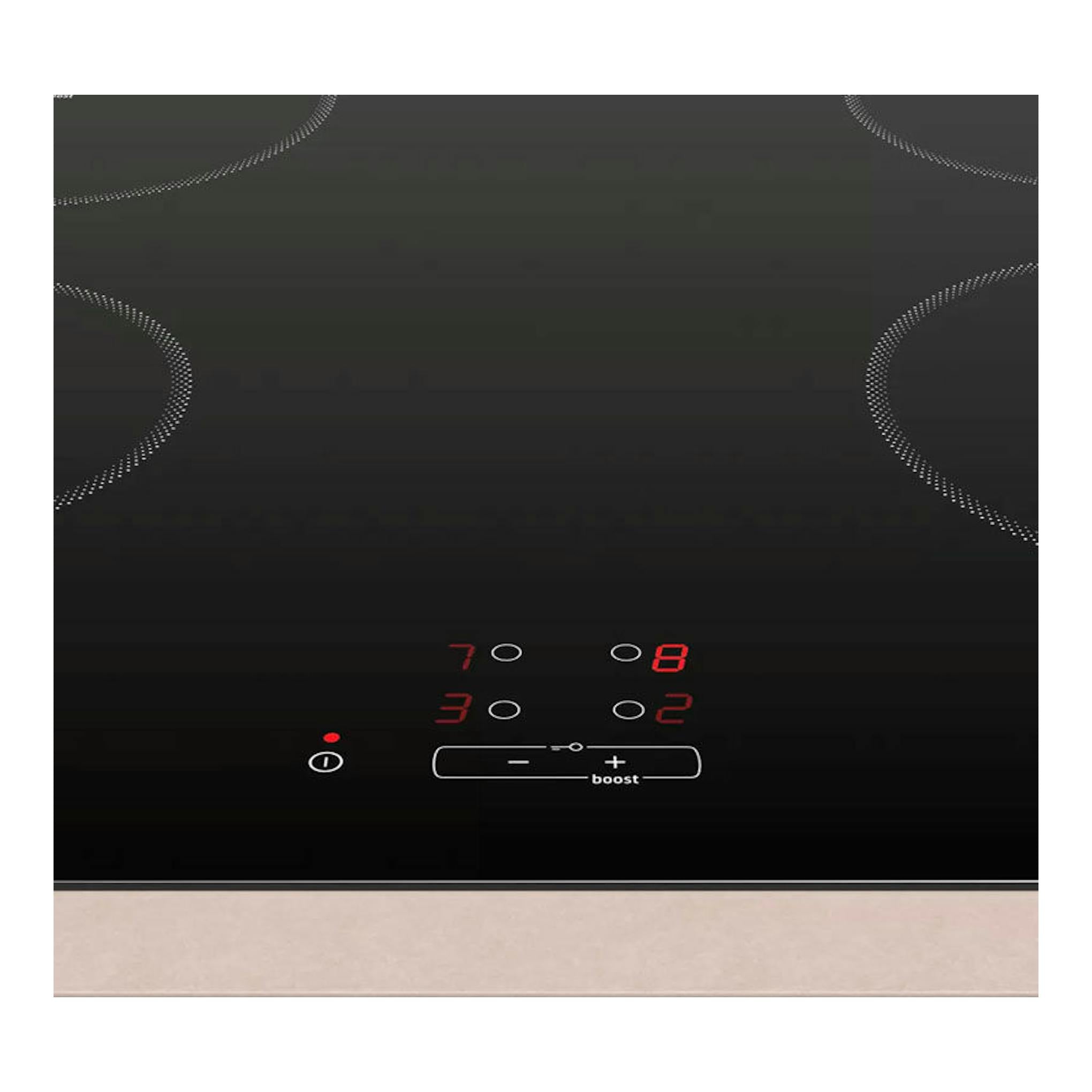 Placa de inducción Balay 3EB861EN negra, vista frontal, con cuatro zonas y panel táctil iluminado.