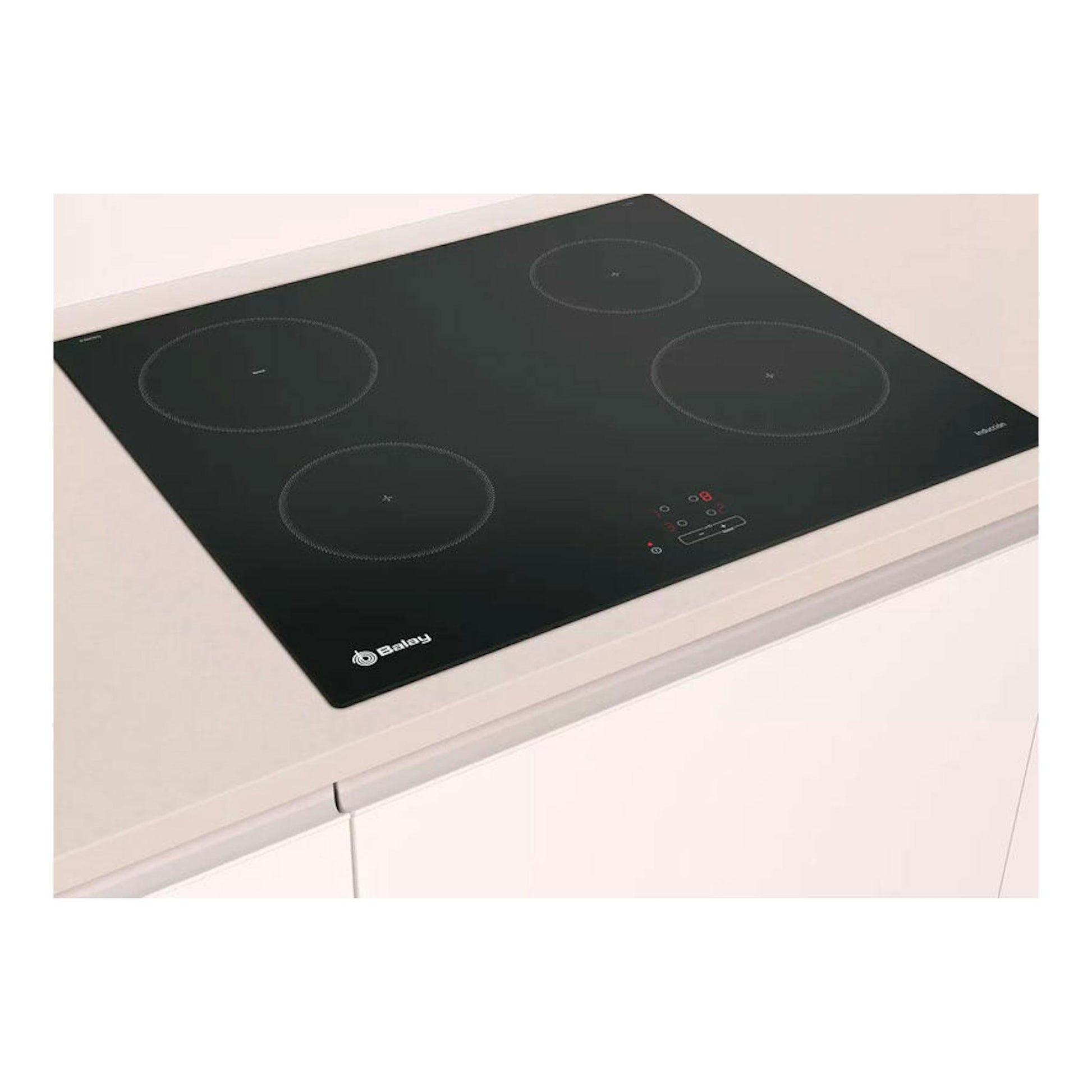 Placa de inducción Balay 3EB861EN negra, vista en ángulo, con cuatro zonas de cocción.