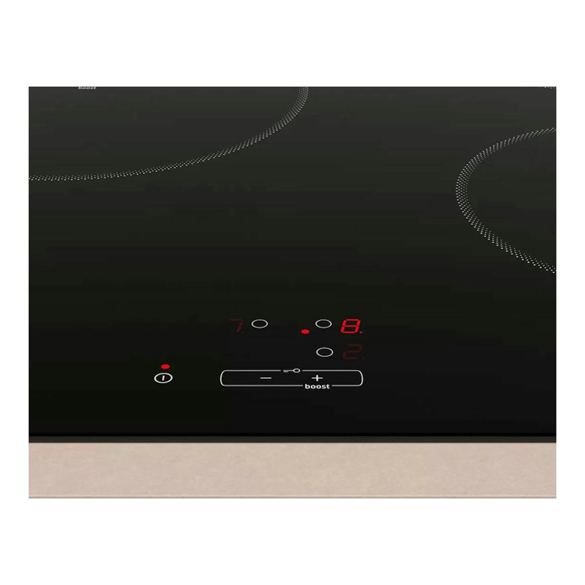 Placa de inducción Balay 3EB864EN negra, vista frontal, con controles táctiles y display rojo.