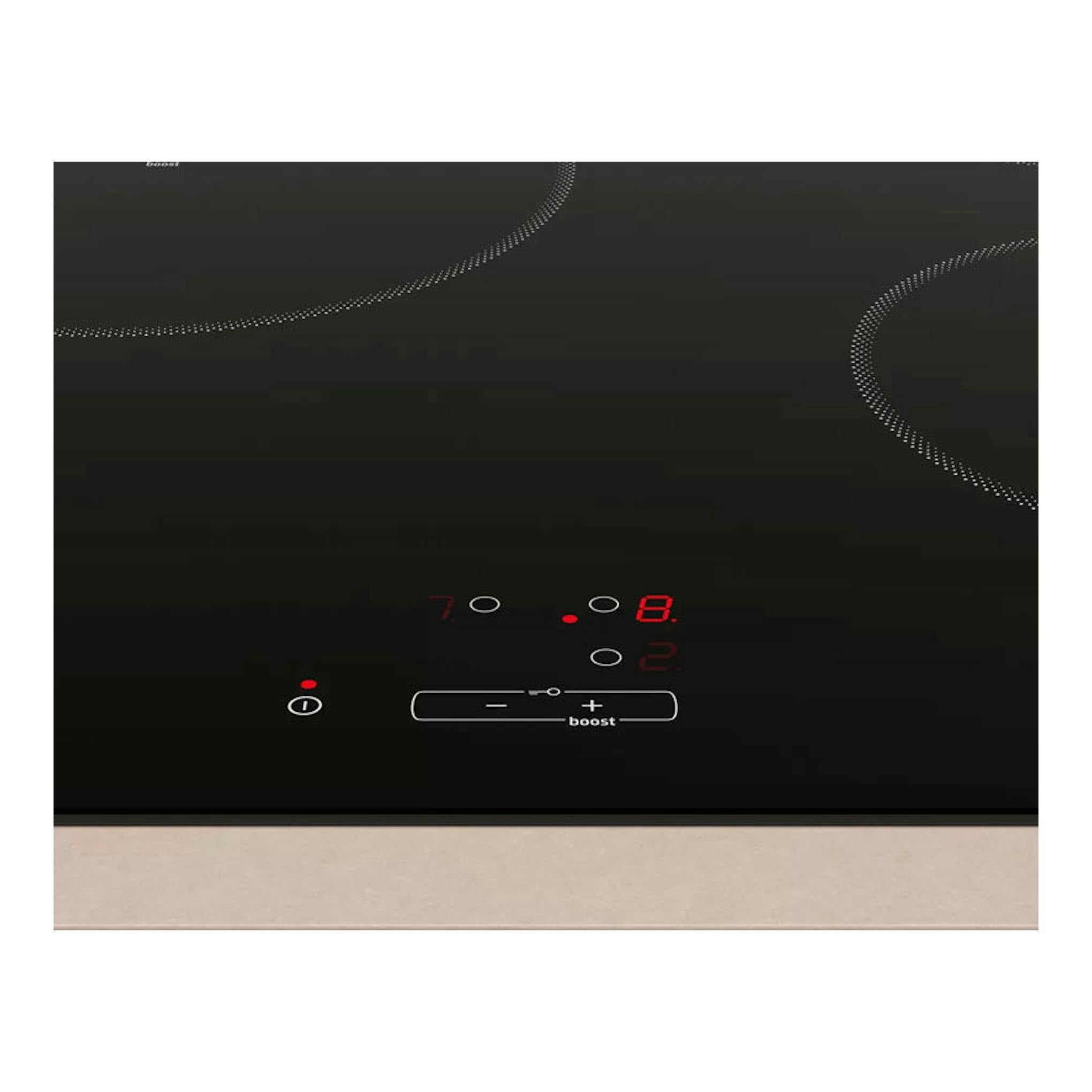 Placa de inducción Balay 3EB864EN negra, vista frontal, con controles táctiles y display rojo.