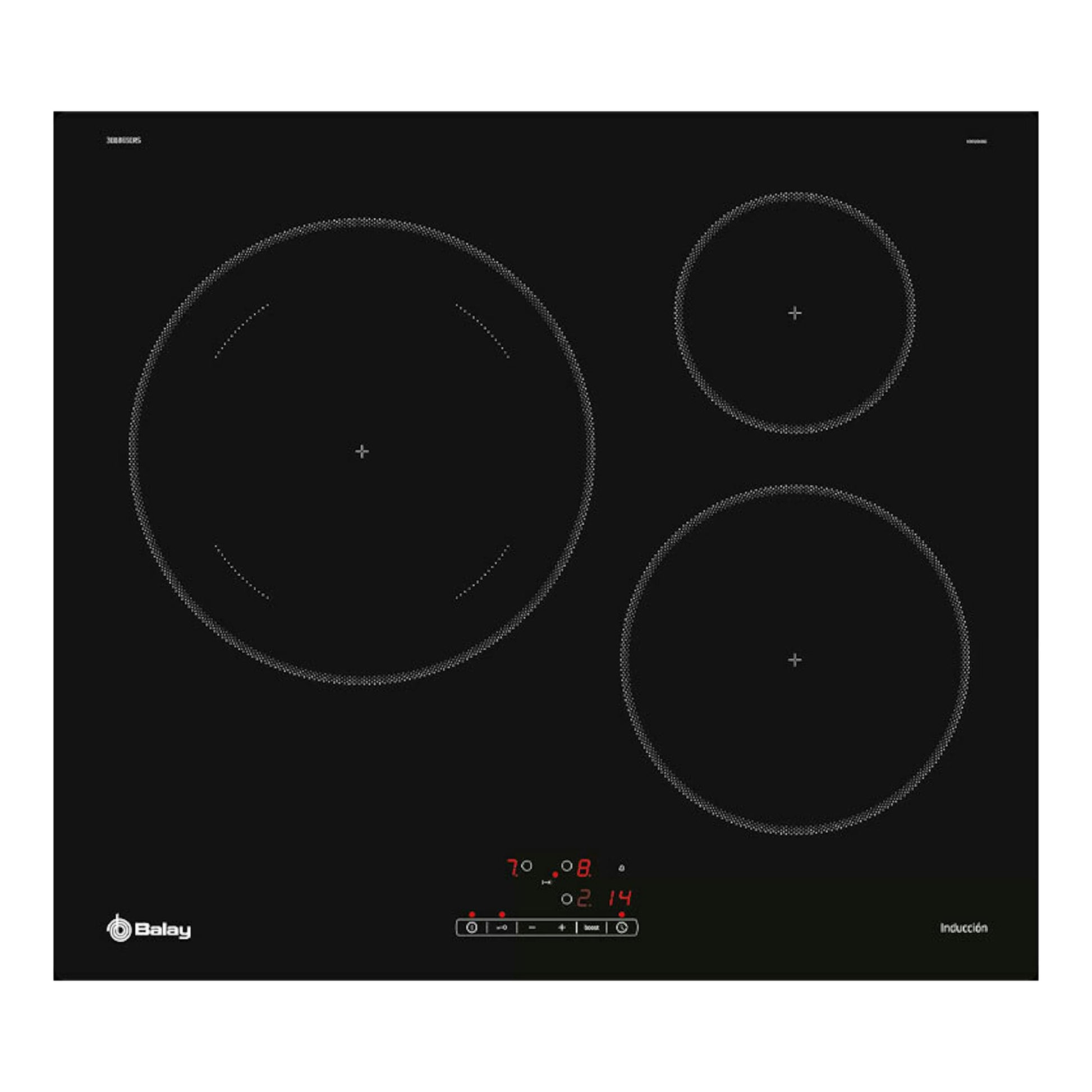 Placa de inducción Balay 3EB865ERS negra, vista cenital, con tres zonas de cocción circulares.