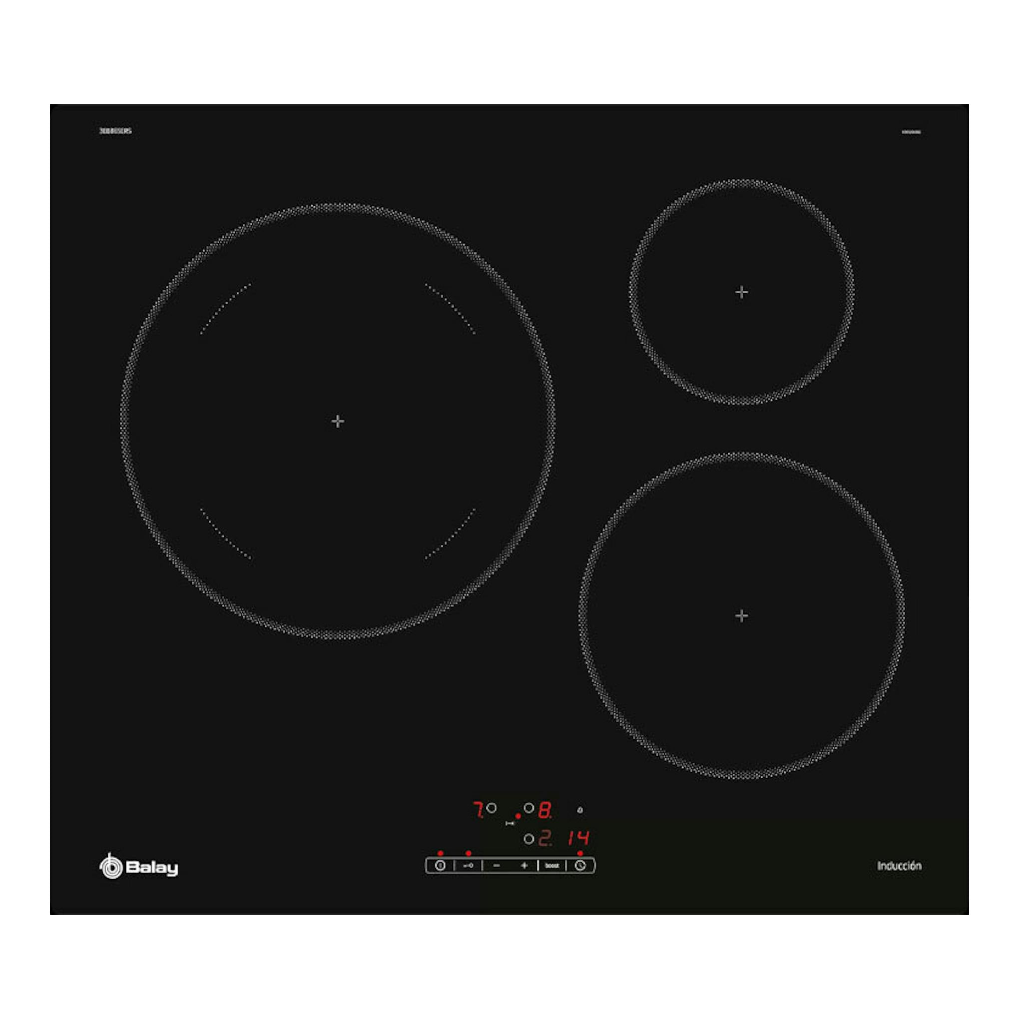 Placa de inducción Balay 3EB865ERS negra, vista cenital, con tres zonas de cocción circulares.