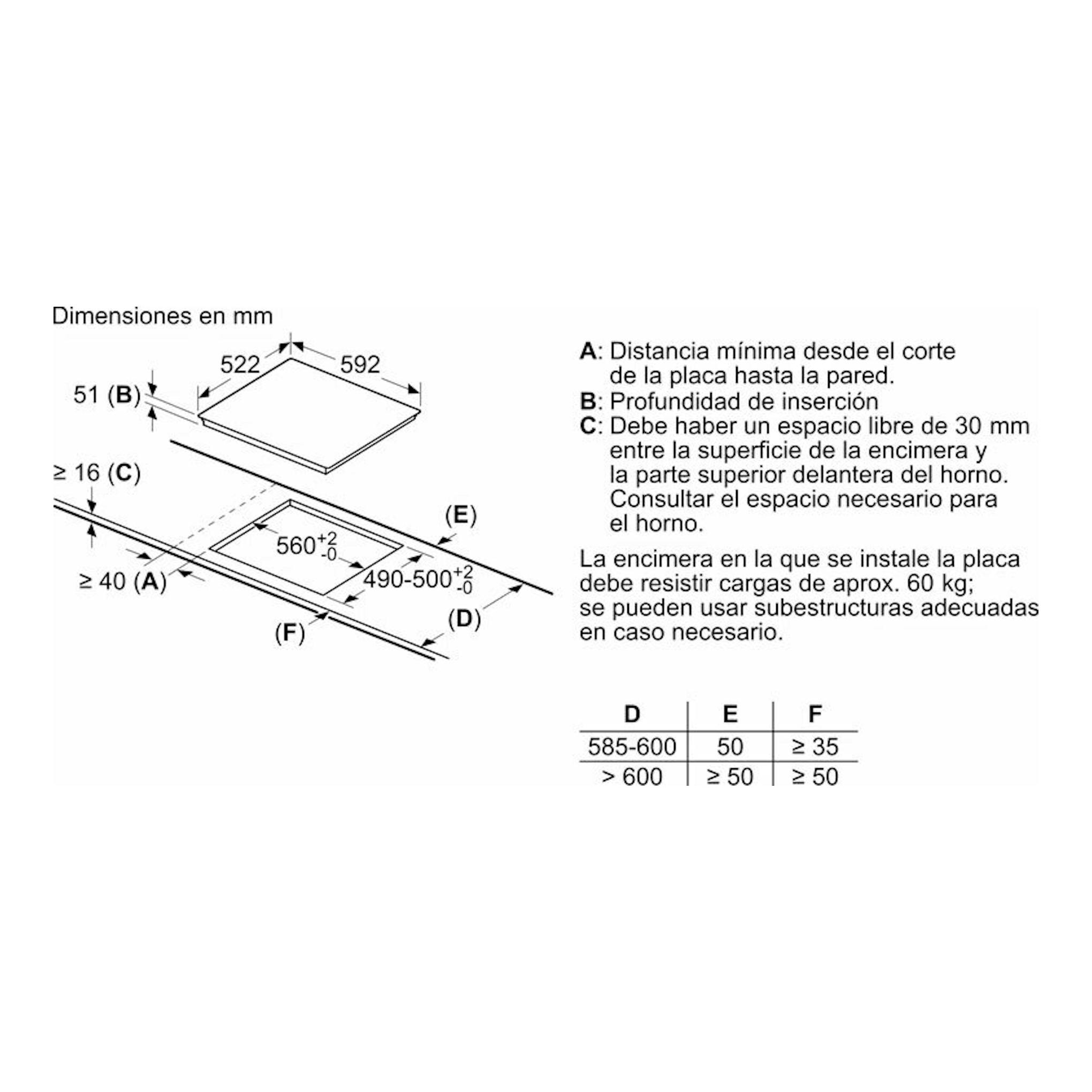 Balay 3EB865ERS: diagrama técnico en blanco y negro de instalación de placa de inducción con medidas.