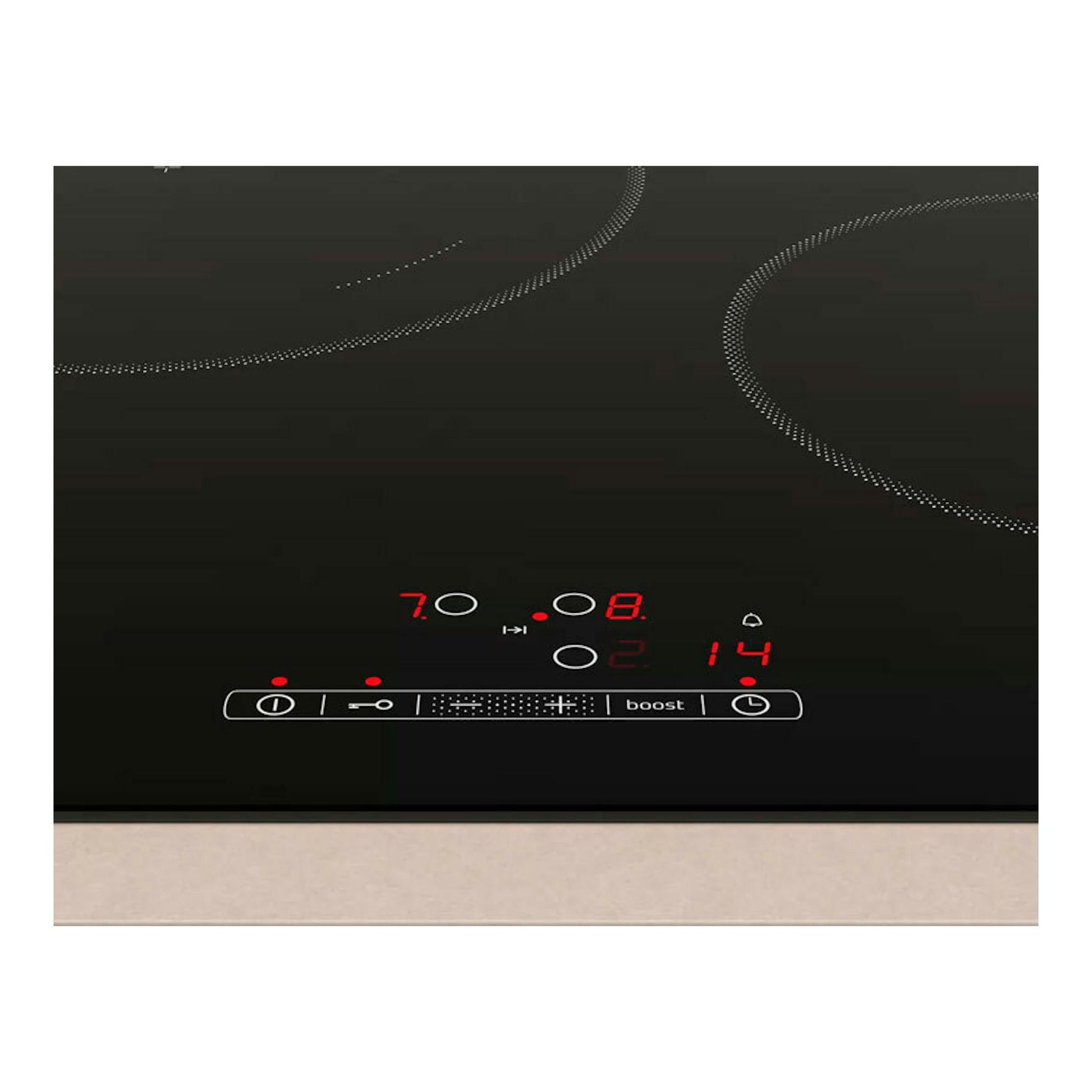 Placa de inducción Balay 3EB865ERS negra, vista frontal, con mandos táctiles y display rojo.