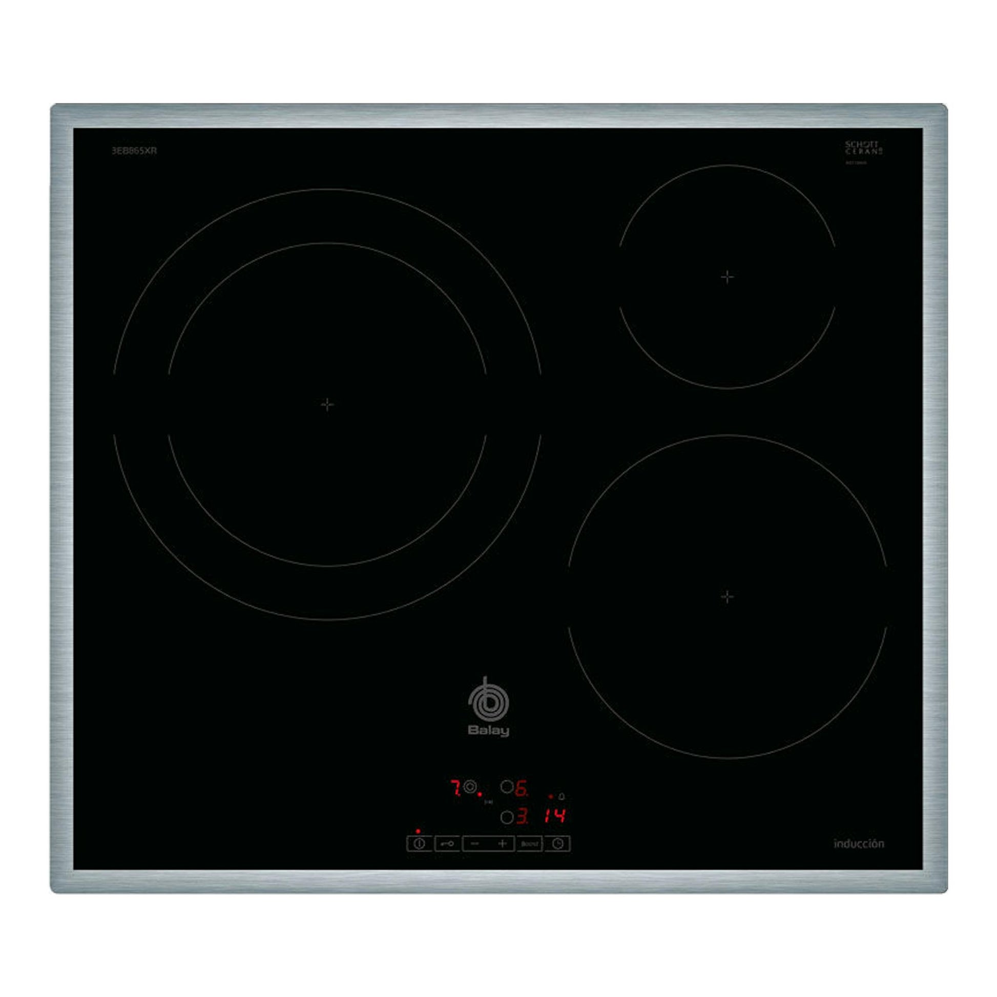 Placa de inducción Balay 3EB865XR, vista frontal, superficie negra con marco de acero inoxidable.